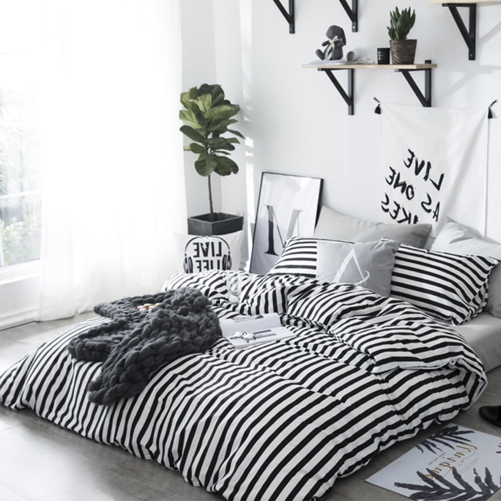 CLOTHKNOW Queen Size Comforter Set 3-Piece - Farmhouse Style Black & White Striped Bedding with Ticking Design | Perfect for Master Bedrooms, Guest Rooms & Cozy Farmhouse Decor