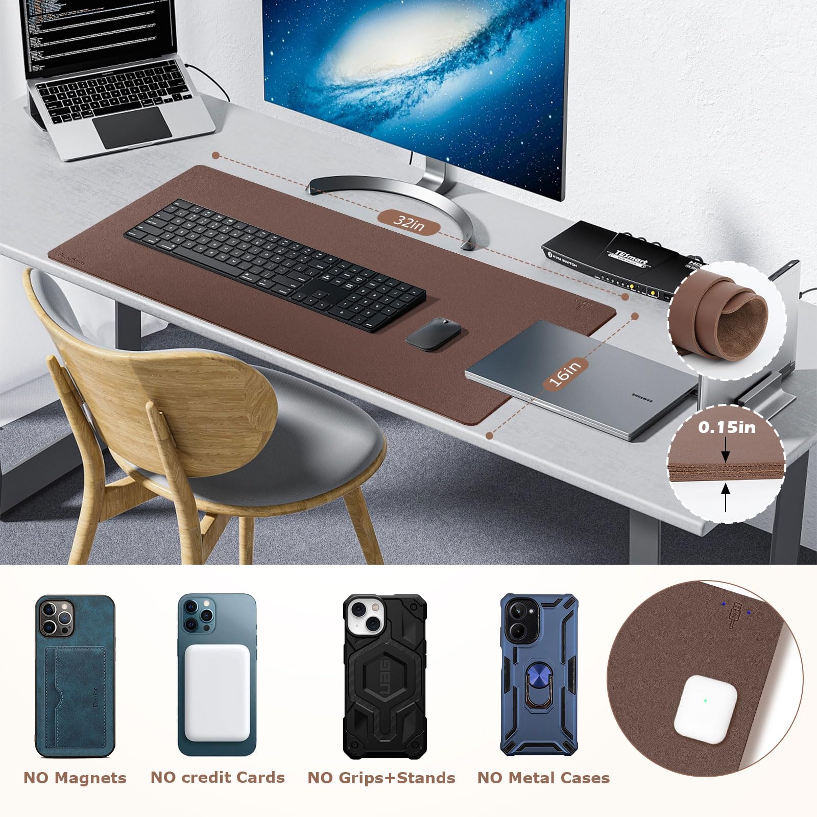 Firelison 2-in-1 Wireless Charging Mouse Pad - Leather Desk Mat with Non-Slip Rubber Base, Waterproof Office Desk Pad for Computer Work (32
