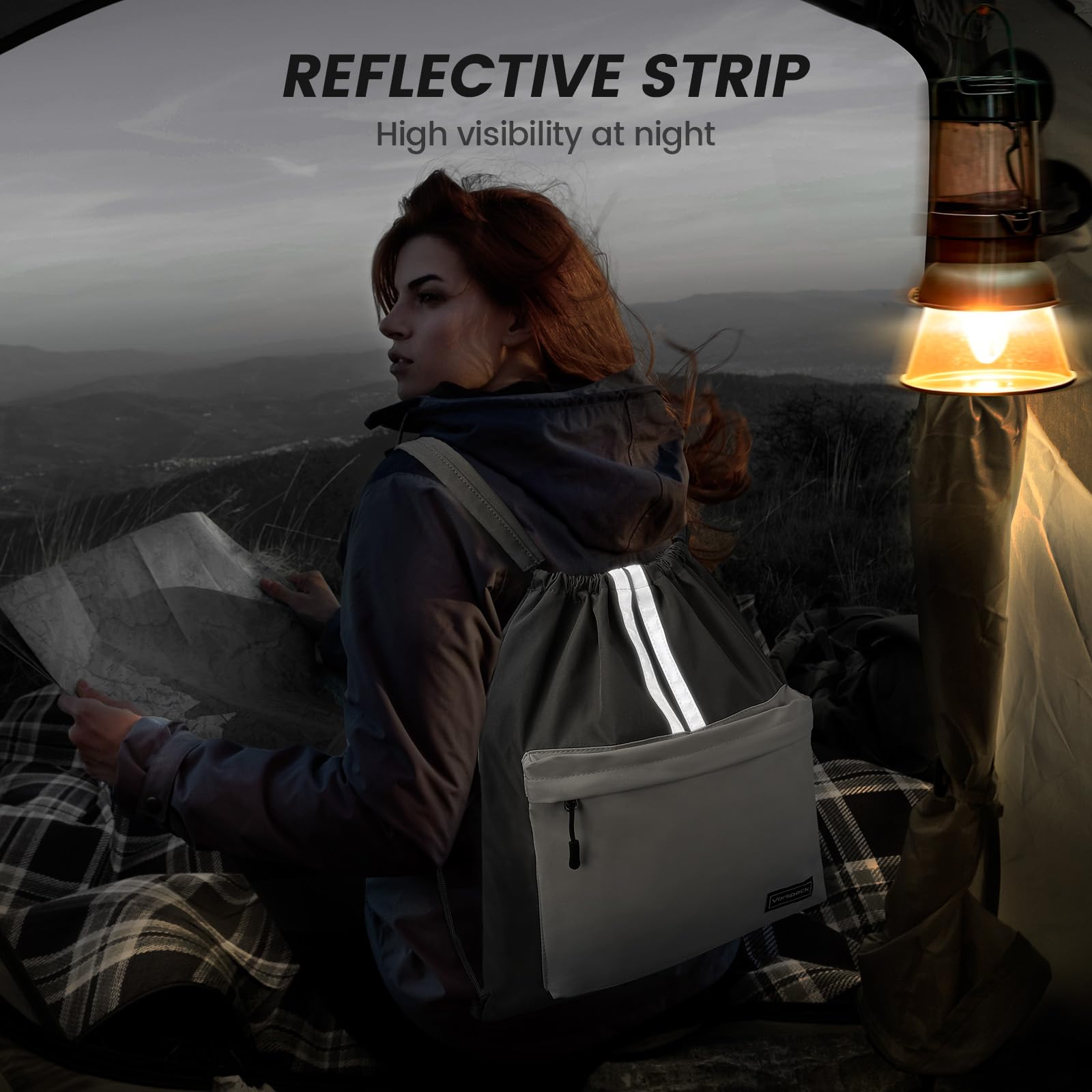 Vorspack Lightweight Drawstring Backpack with Front Pocket & Reflective Strips - Gym Sports Hiking Travel Sackpack for Men Women - Perfect for Workouts, School, Outdoor Adventures (Black)