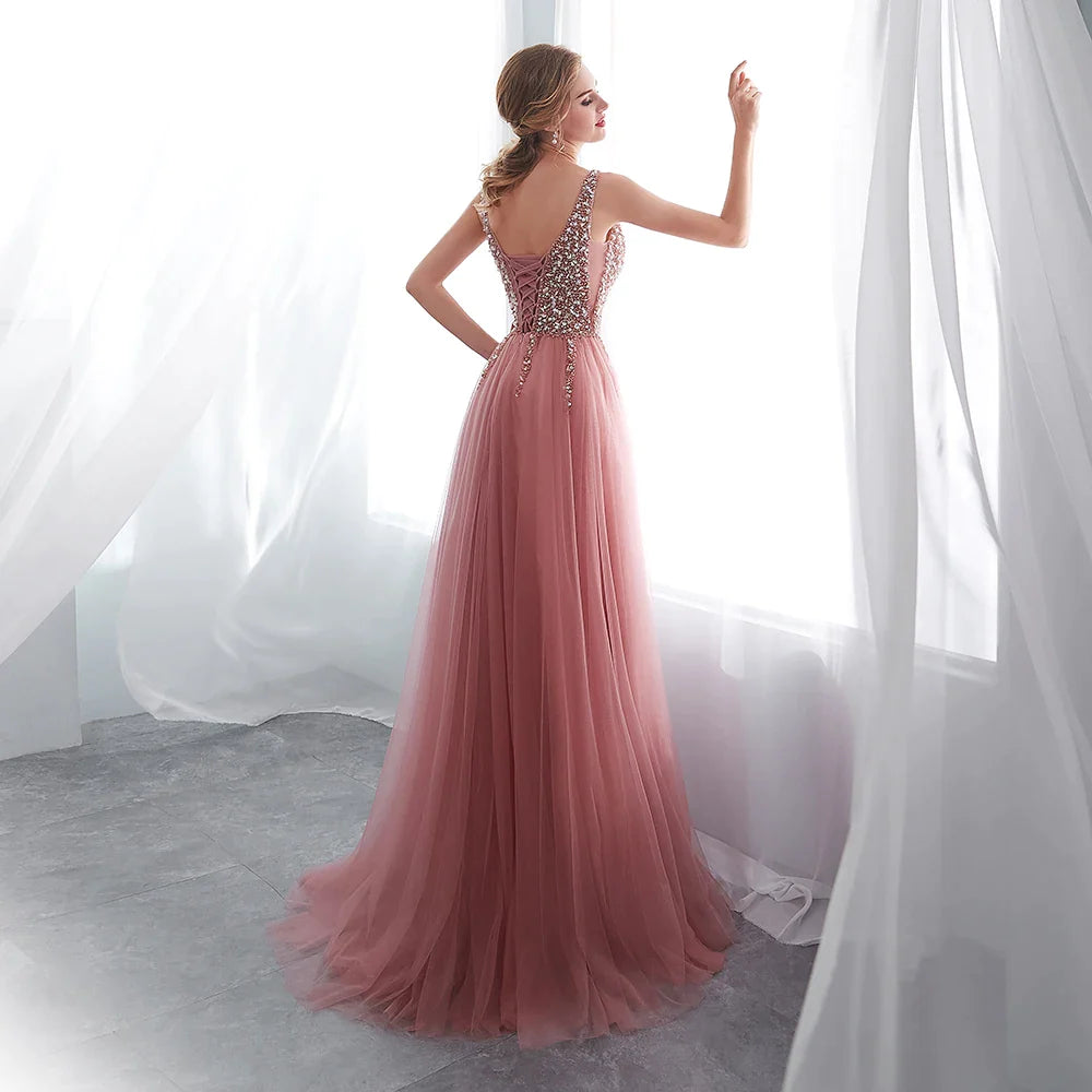 Sexy Pink Beaded Prom Dress with High Slit, Tulle Sweep Train & Lace-Up Backless Design - A-Line Sleeveless Evening Gown for Homecoming, Formal Dances & Special Occasions
