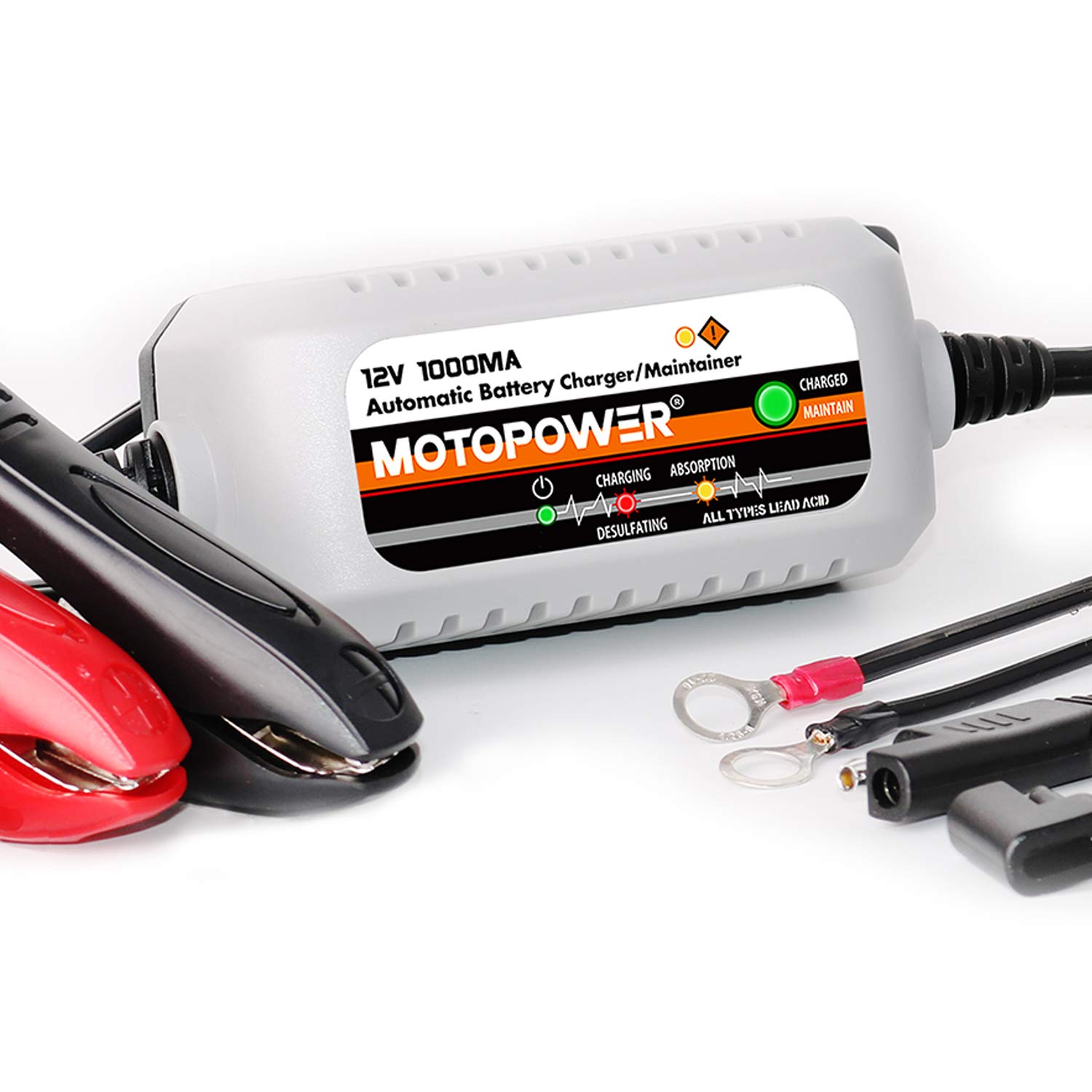 MOTOPOWER MP00205B 12V 1000mA Automatic Battery Charger & Maintainer with Trickle Charge & Desulfator - Timer Protection - Grey - Perfect for Cars, Motorcycles, Boats & RV Batteries