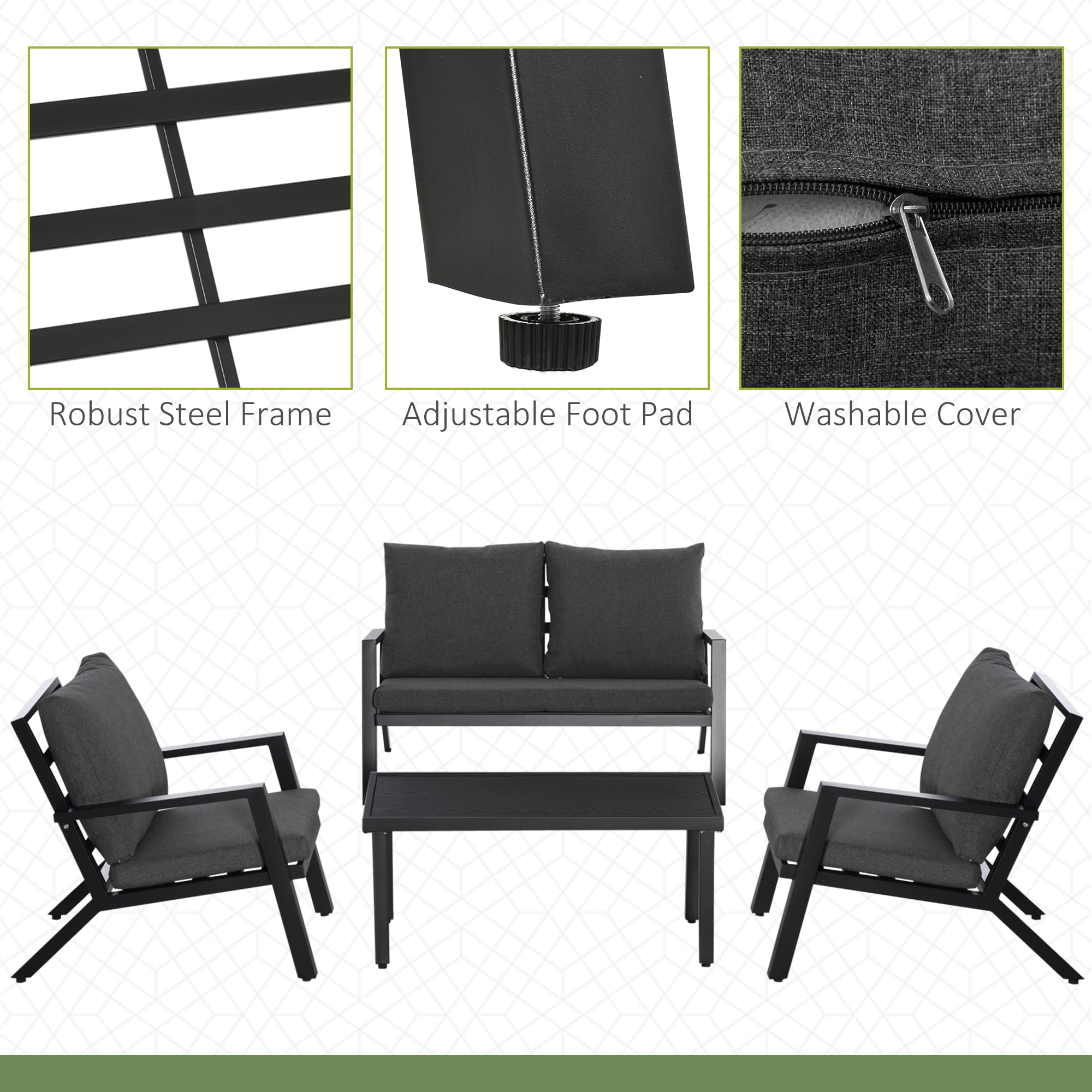 **Outsunny 4-Piece Patio Furniture Set - Outdoor Conversation Set with 2 Armchairs, Loveseat, Coffee Table & Cushions - Perfect for Backyard, Poolside, Garden, Lawn, or Balcony - Black**    *(Ideal for Relaxing, Entertaining, or Lounging in Your Outdoor Space)*