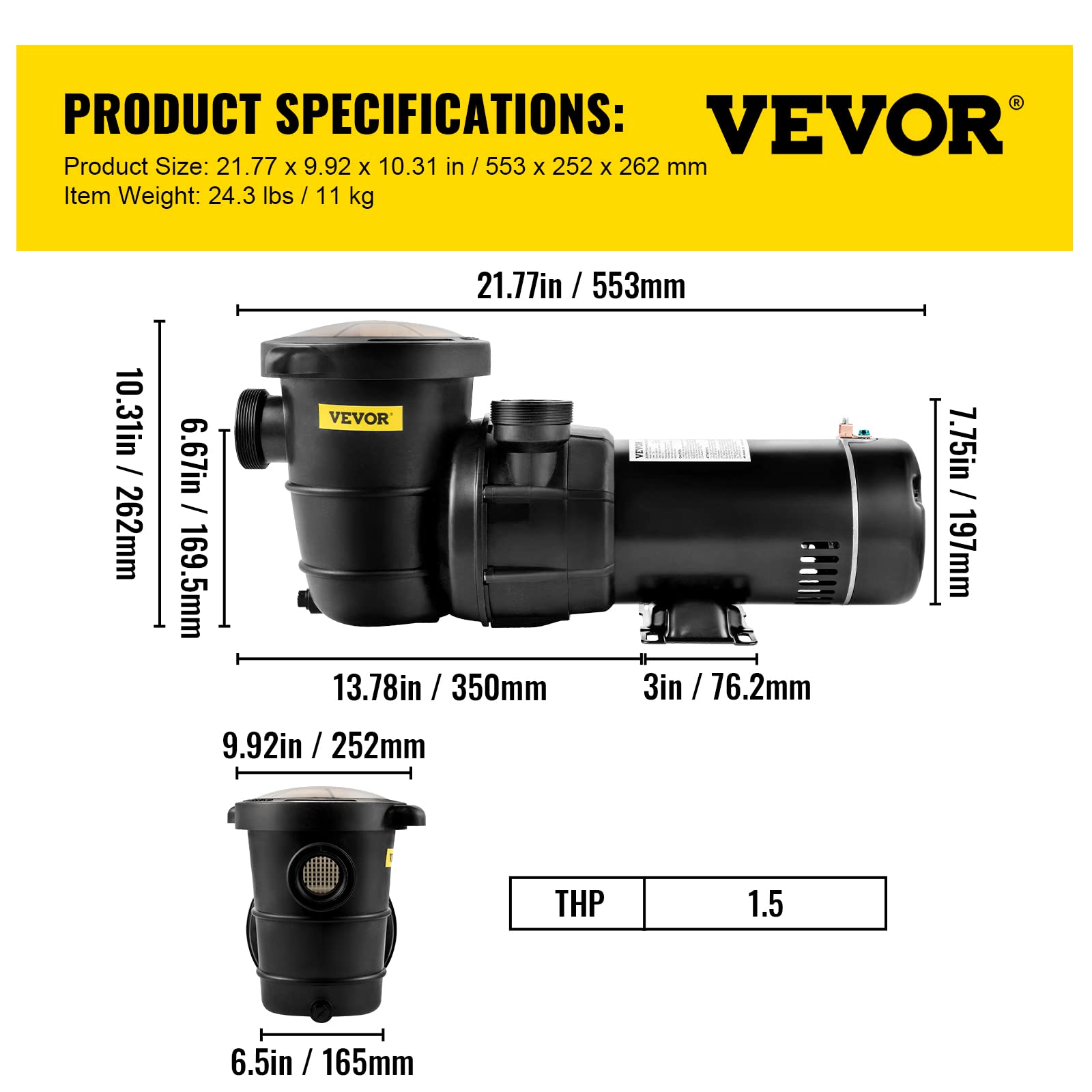 VEVOR 1.5HP 115V 1100W Above Ground Swimming Pool Pump - Single Speed, Powerful 5280 GPH Max Flow with Strainer Filter Basket, ETL Certified - Perfect for Inground & Above Ground Pools, Backyard Water Features & Pool Maintenance