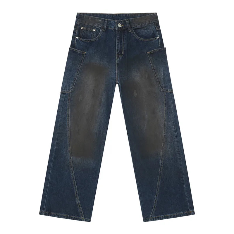 Trendy American Style Men's Denim Jeans - Casual Distressed Straight Wide Leg Loose Fit Pants with Spliced Deconstructed Details | Perfect for Streetwear, Everyday Wear & Fashion Outfits