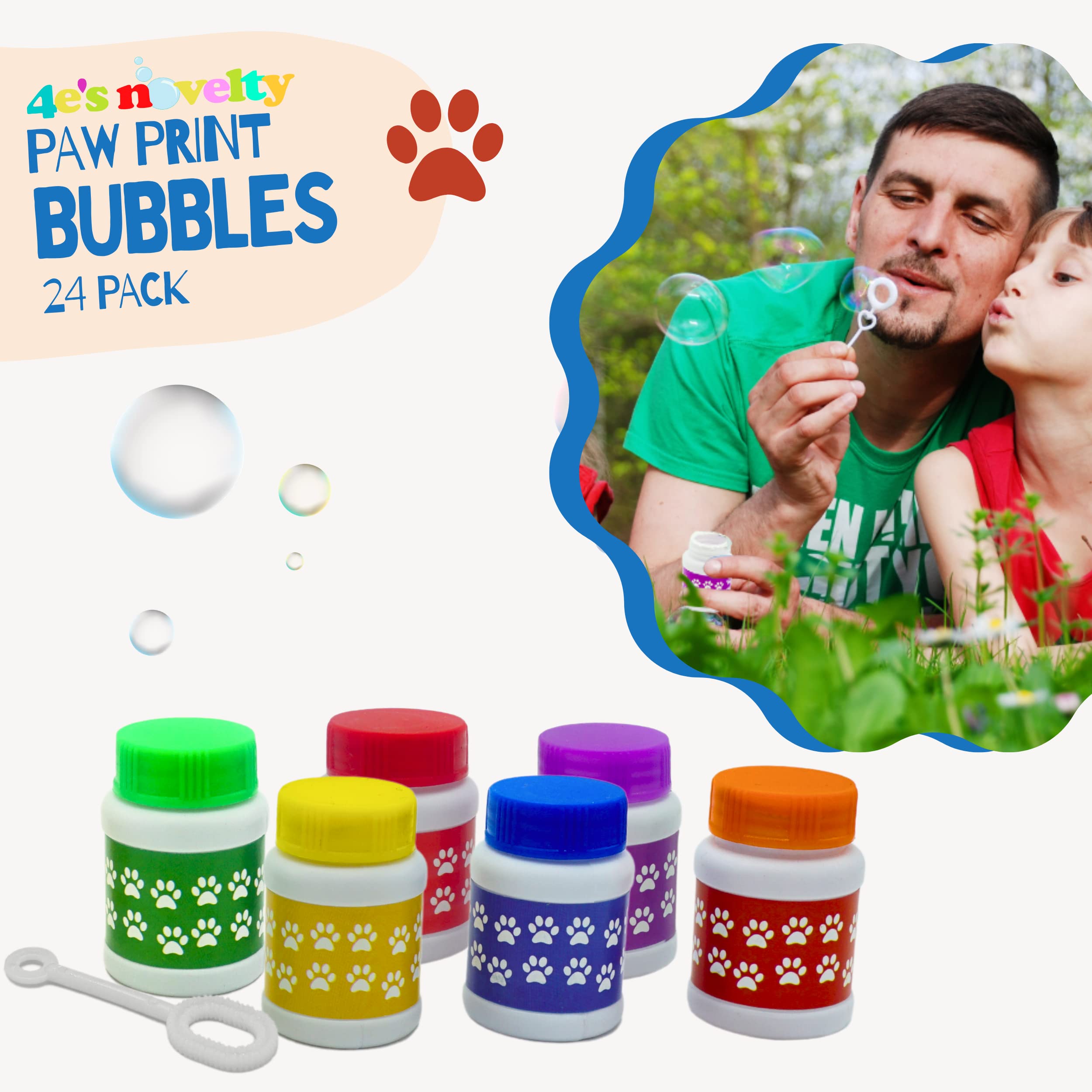 4E's Novelty Paw Print Bubble Bottles - Pack of 24 Mini Bubbles (1 FL oz) - Fun Bubble Wand Blowing Toys for Kids, Boys & Girls - Perfect for Dog Themed Parties, Birthday Favors, Outdoor Play & Summer Activities