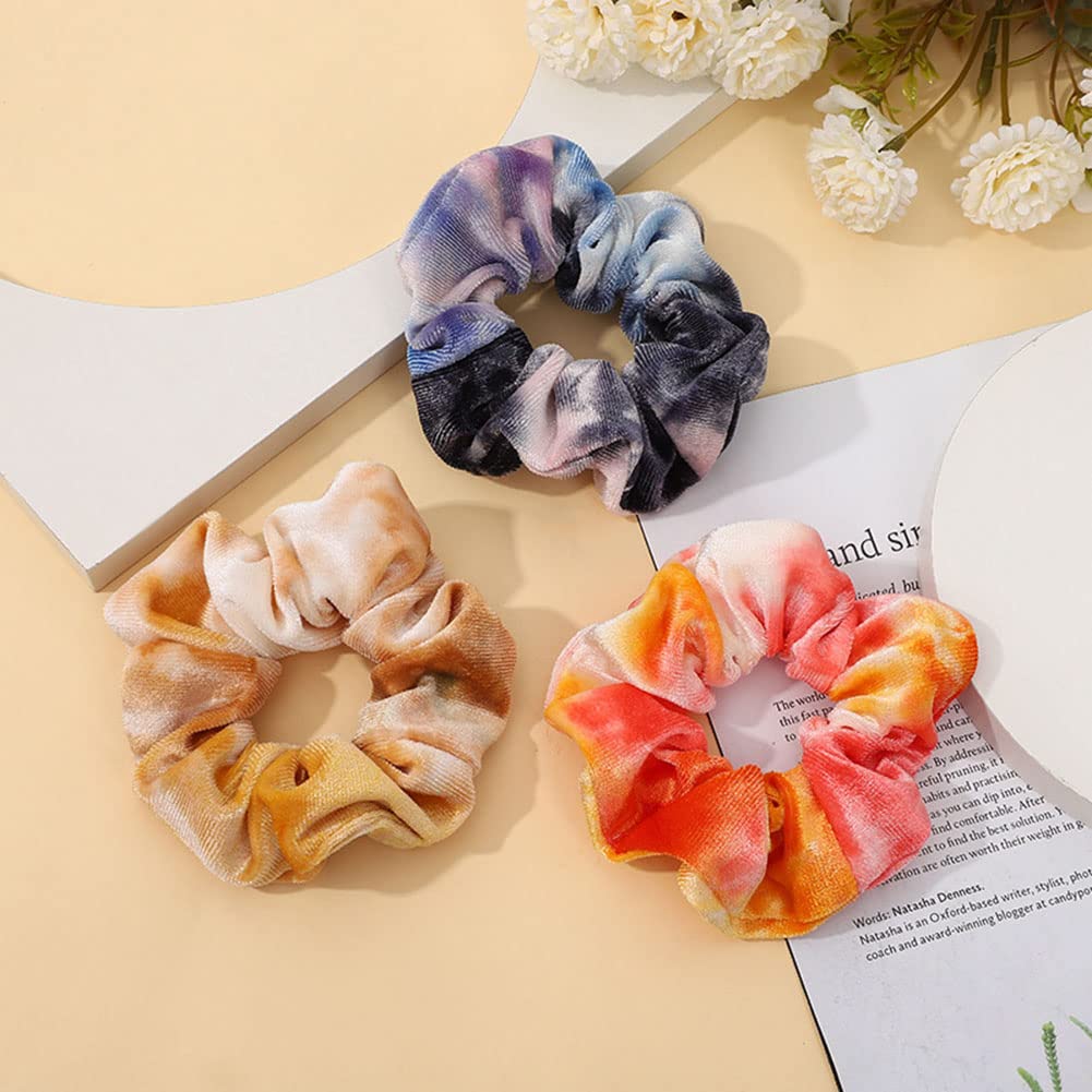 Tie Dye Velvet Hair Scrunchies for Women & Girls - Soft Elastic Hair Bands Set of 5 - Perfect for Workouts, Yoga, Office & Everyday Styling