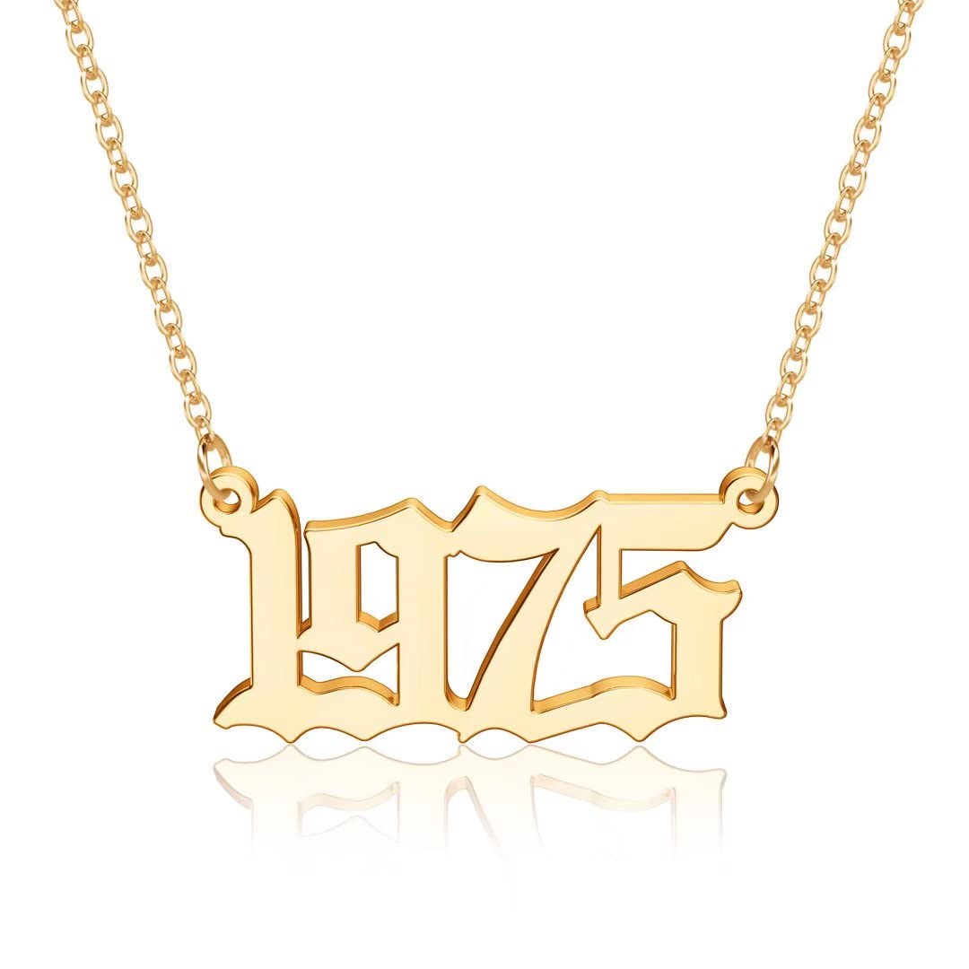 18K Gold Plated Old English Birth Year Necklace for Women - Personalized 1970-2021 Number Pendant Jewelry Gift for Birthday, Anniversary, Mother's Day | Perfect for Everyday Wear, Special Occasions & Gift Giving