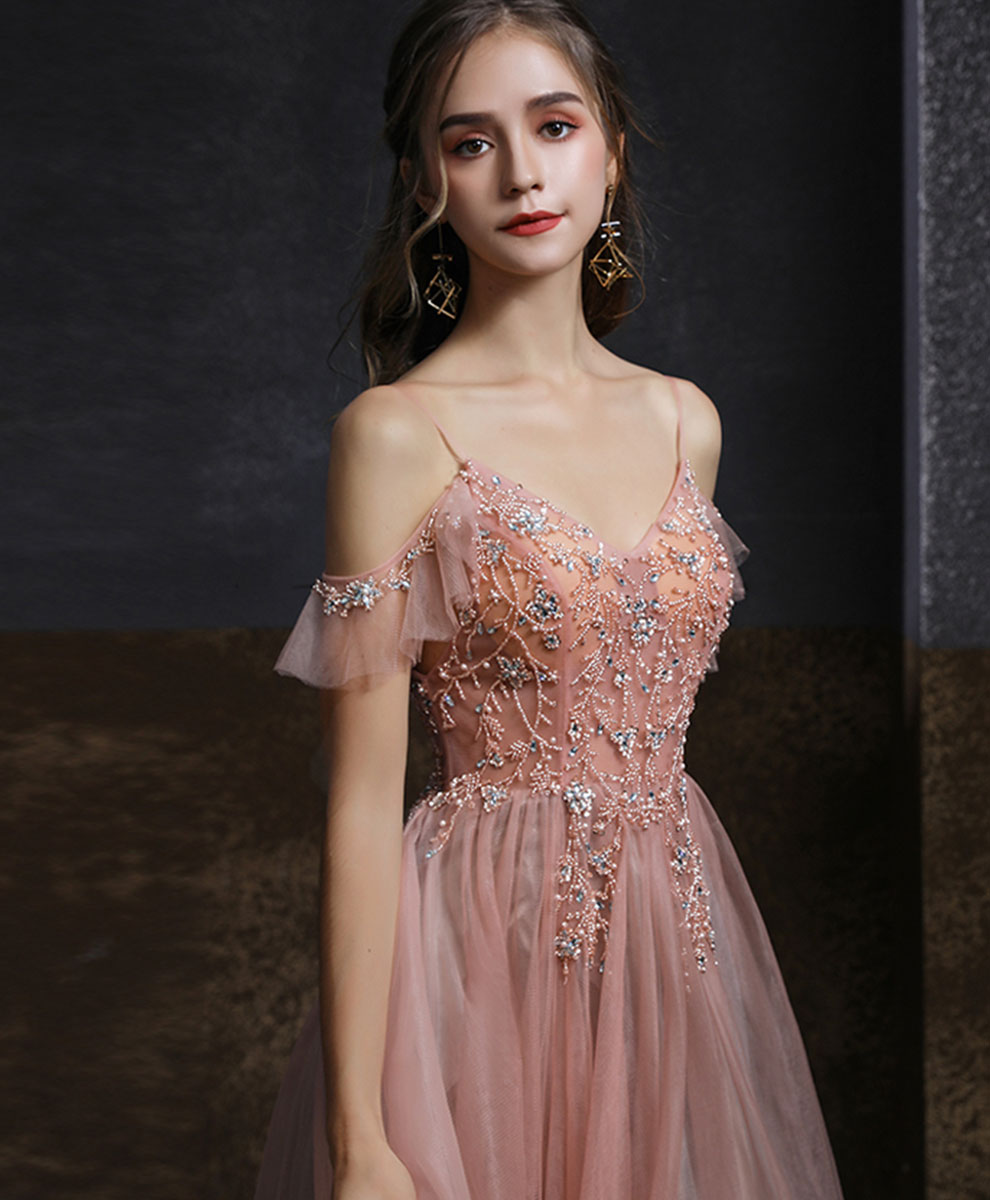 Elegant Pink V-Neck Tulle Beaded Long Prom Dress for Formal Graduation & Evening Events - Perfect for Homecoming, Dances & Special Occasions