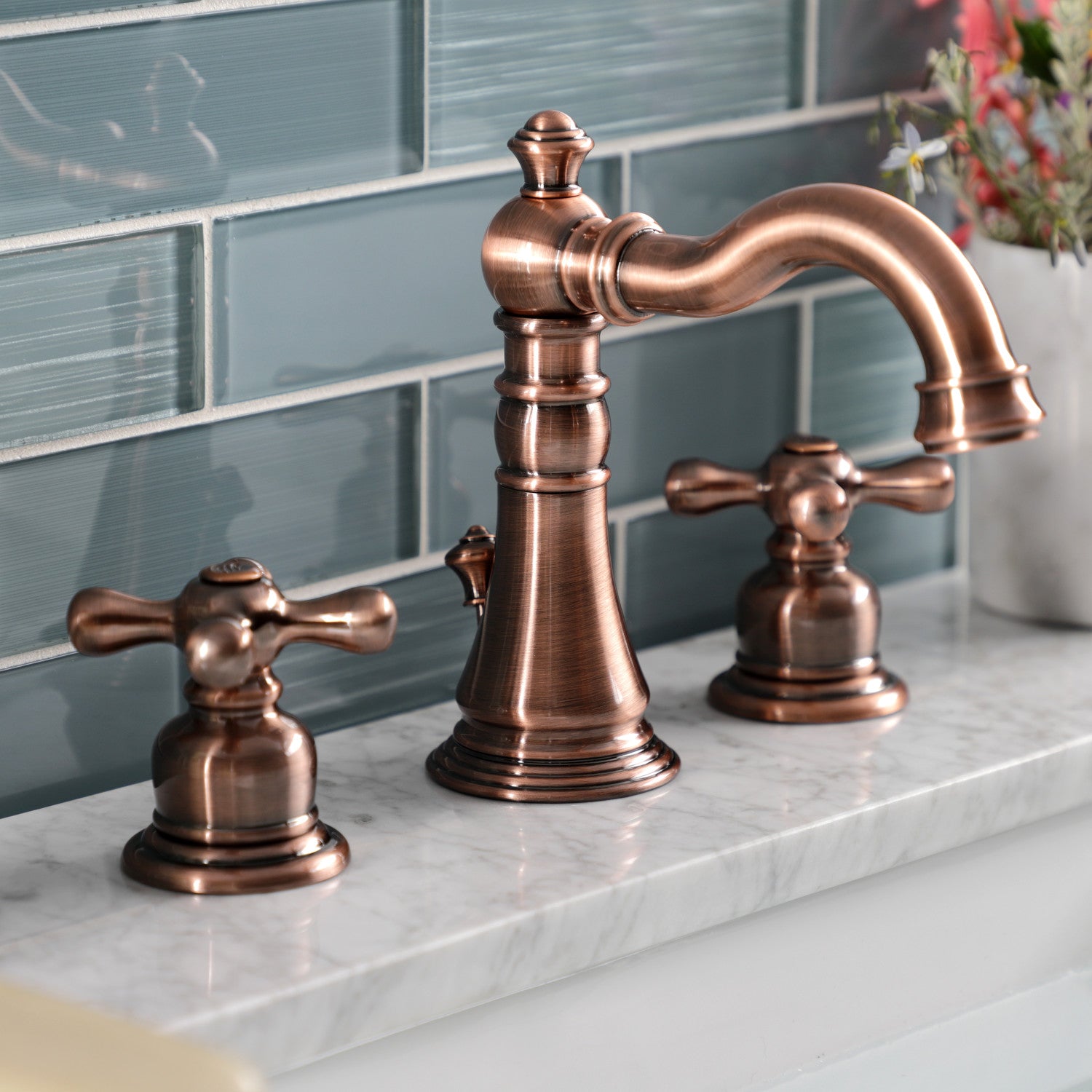 American Classic FSC197AXAC Two-Handle 3-Hole Widespread Bathroom Faucet with Brass Pop-Up Drain in Antique Copper - Perfect for Vintage Style Bathroom Renovations and Modern Home Upgrades