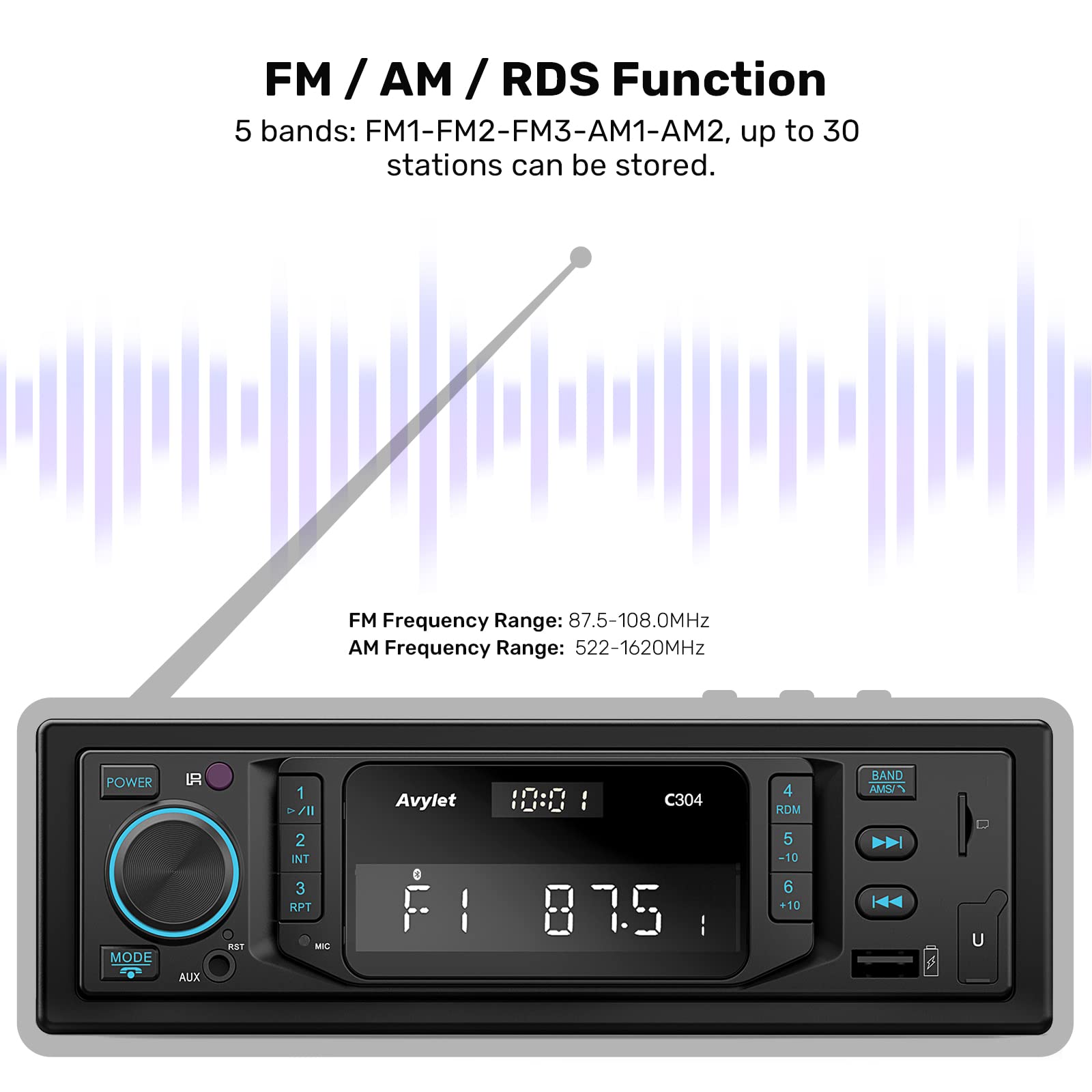 Avylet 1 DIN Car Stereo with Bluetooth 5.0 - RDS/FM/AM Radio, Hands-Free Calling, 7 Color Display, 2 USB Ports, AUX/MP3 Support (30 Presets) - Perfect for Commuting & Road Trips