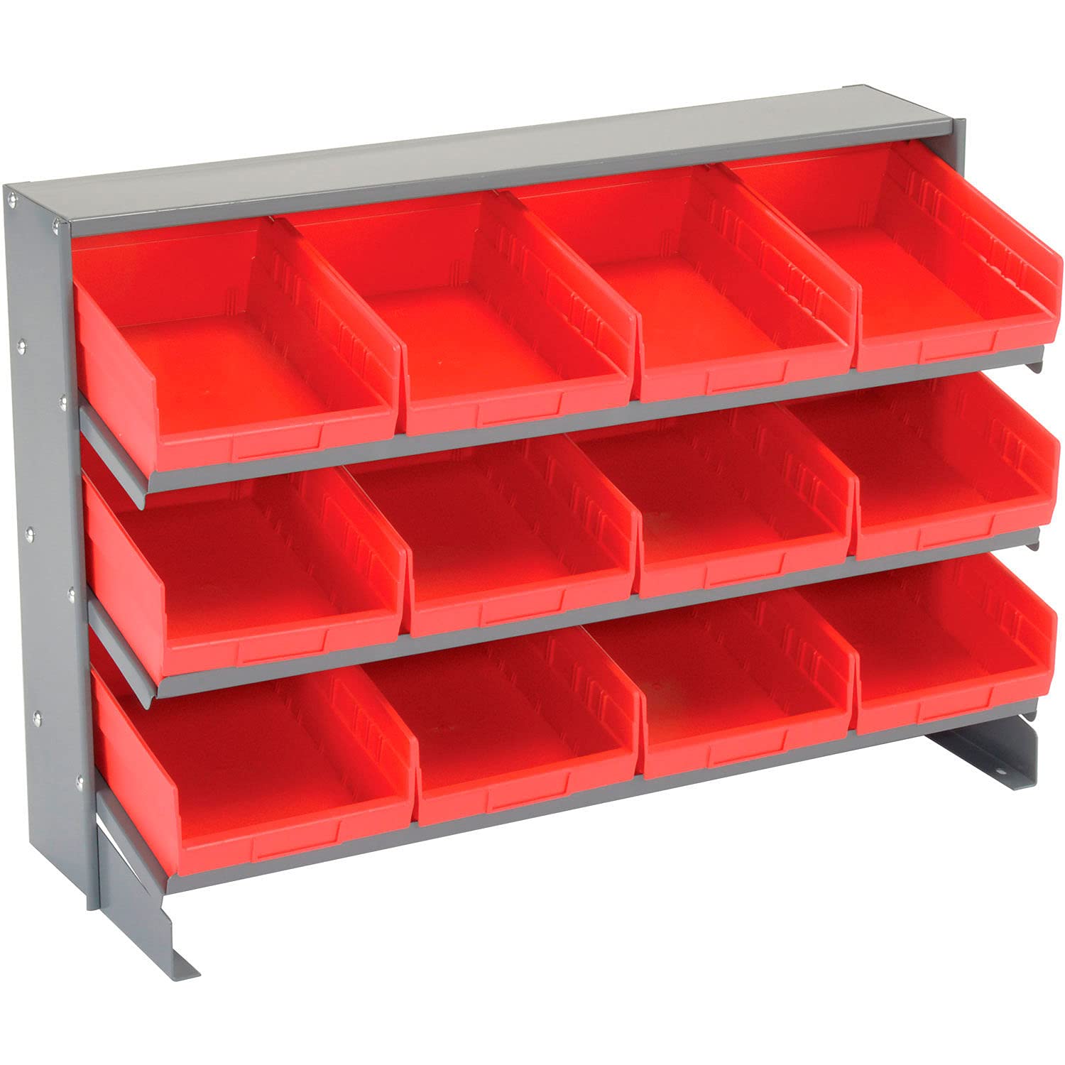 Global Industrial 3-Shelf Storage Bench Rack with 12 Red 8-Inch Wide Bins - 33x12x21 Inches - Perfect for Garage Organization, Warehouse Storage & Retail Display