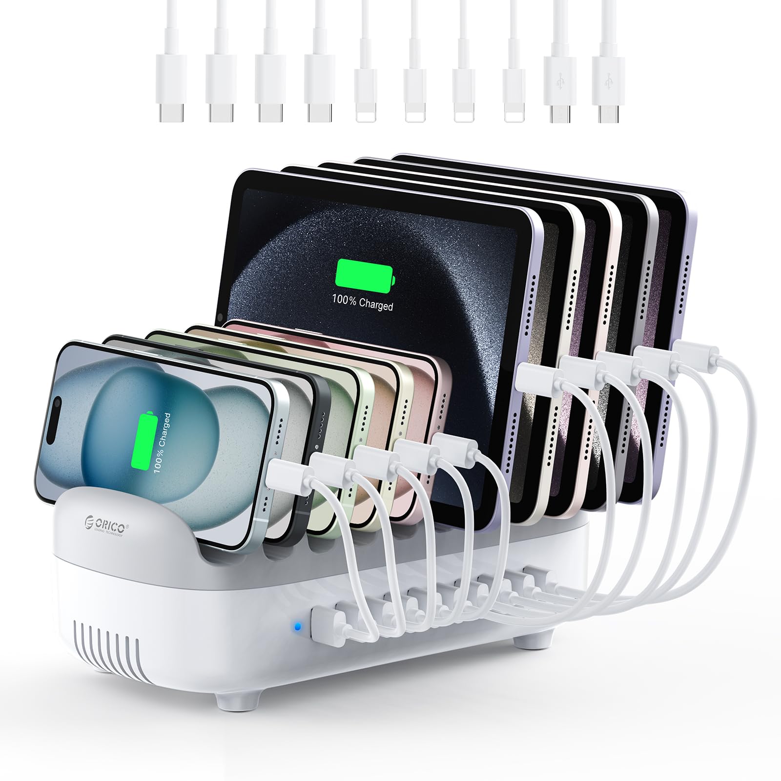 ORICO 120W 10-Port Multi USB Charging Station - Fast Charging Dock for iPad, iPhone, Tablet, Kindle & Smartphones - Perfect for Home, Office & Travel with Multiple Devices