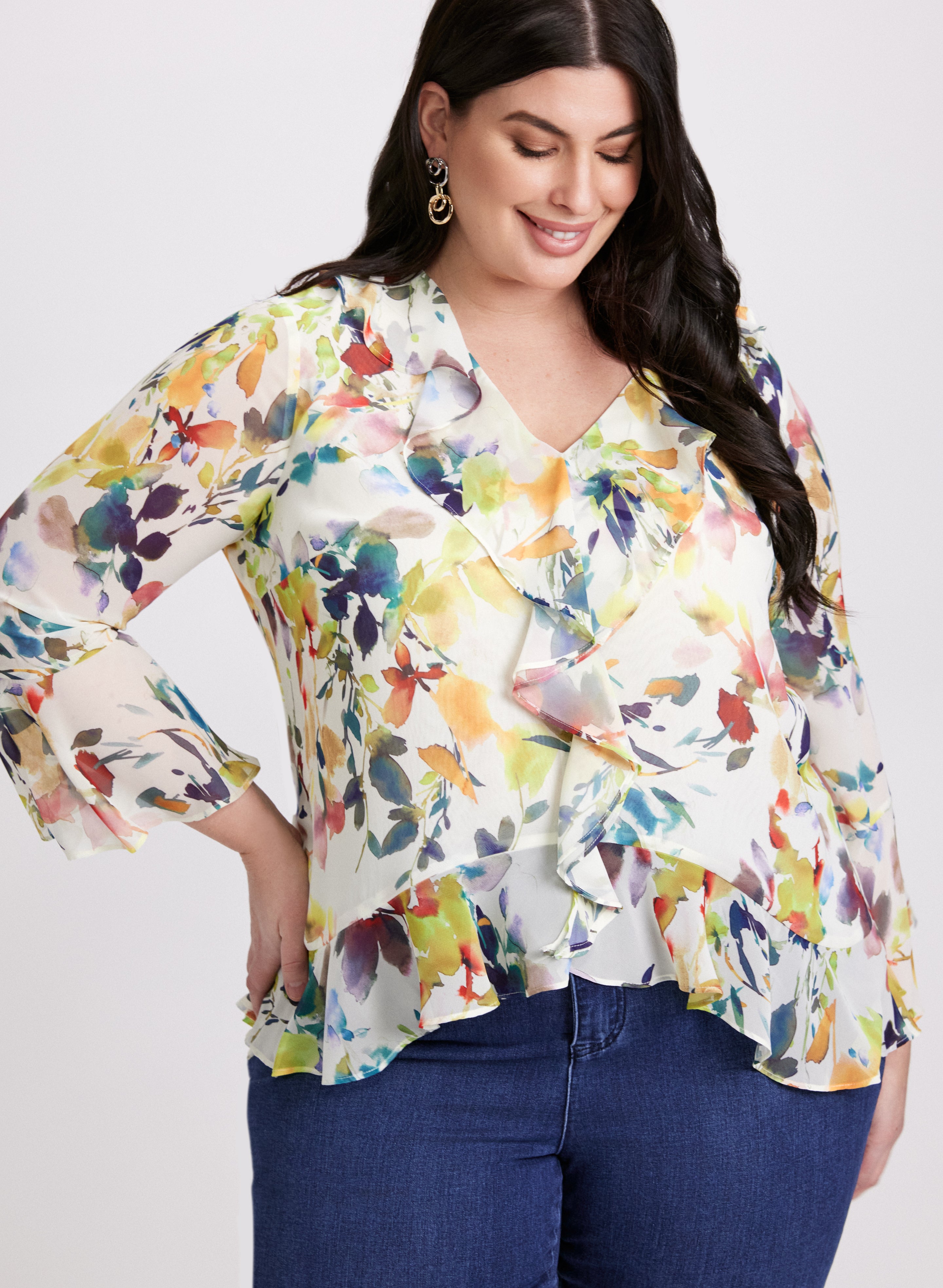 Floral Print Blouse for Women - Elegant Flowy Boho Tops with V-Neck & Puff Sleeves - Perfect for Spring Summer Outfits, Office Wear & Date Nights