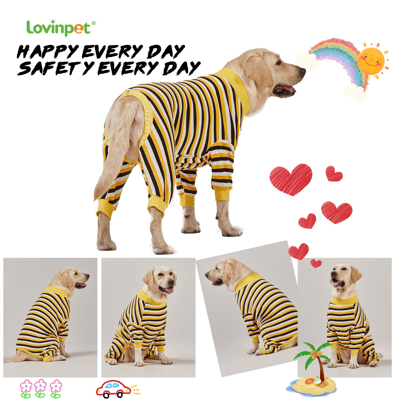LovinPet Big Dog Pajamas - Soft Cotton Black & Yellow Striped Dog Shirt | Full Coverage Onesie for Large Breed Dogs | Cozy Pet PJs for Medium to Large Dogs | Perfect for Winter Nights & Indoor Lounging