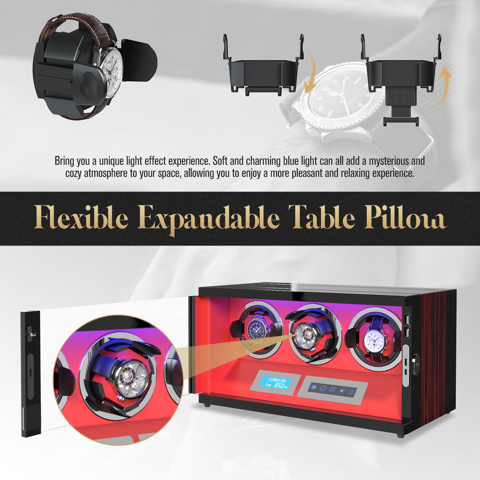 Luxury Automatic Watch Winder with LCD Touch Screen Display - Built-in LED Illumination for 3 Watches - Adjustable Watch Pillows for Rolex, Omega & More - Perfect for Home, Office & Travel Storage