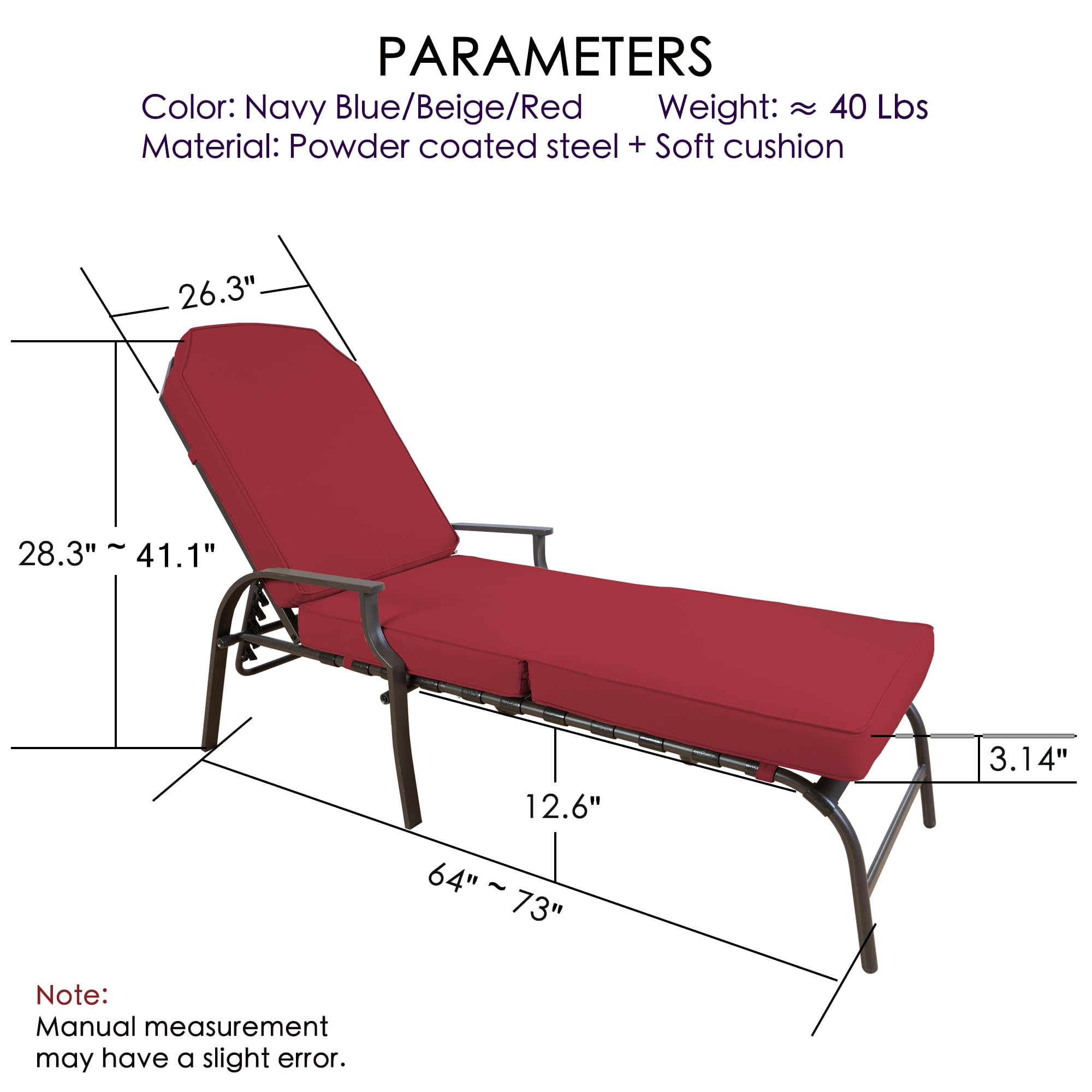 Kozyard Maya Chaise Lounge Chair - Waterproof Outdoor Patio Recliner with Adjustable Backrest, Comfortable Sunbathing Chaise for Poolside, Beach, Garden & Backyard Relaxation (Red) - Perfect for Lounging, Tanning & Outdoor Leisure