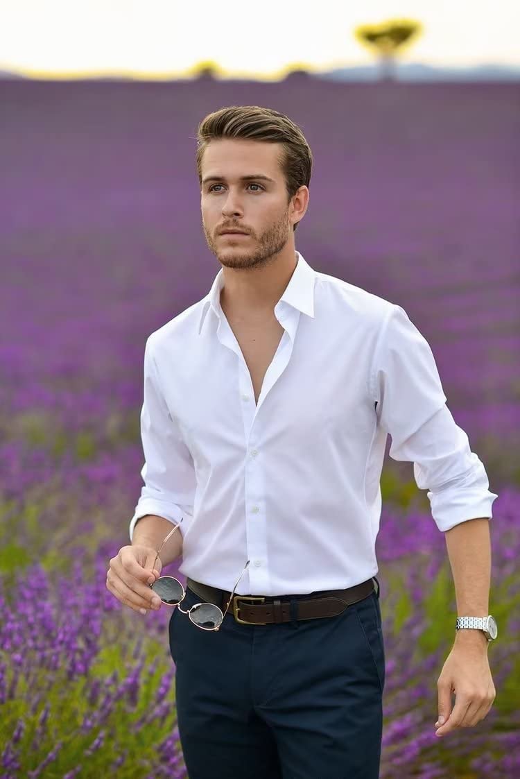 HUUTOE Men's Green Poplin Dress Shirt - Formal Slim Fit Button Down Shirt for Business, Wedding & Prom - Breathable Comfortable Office Wear