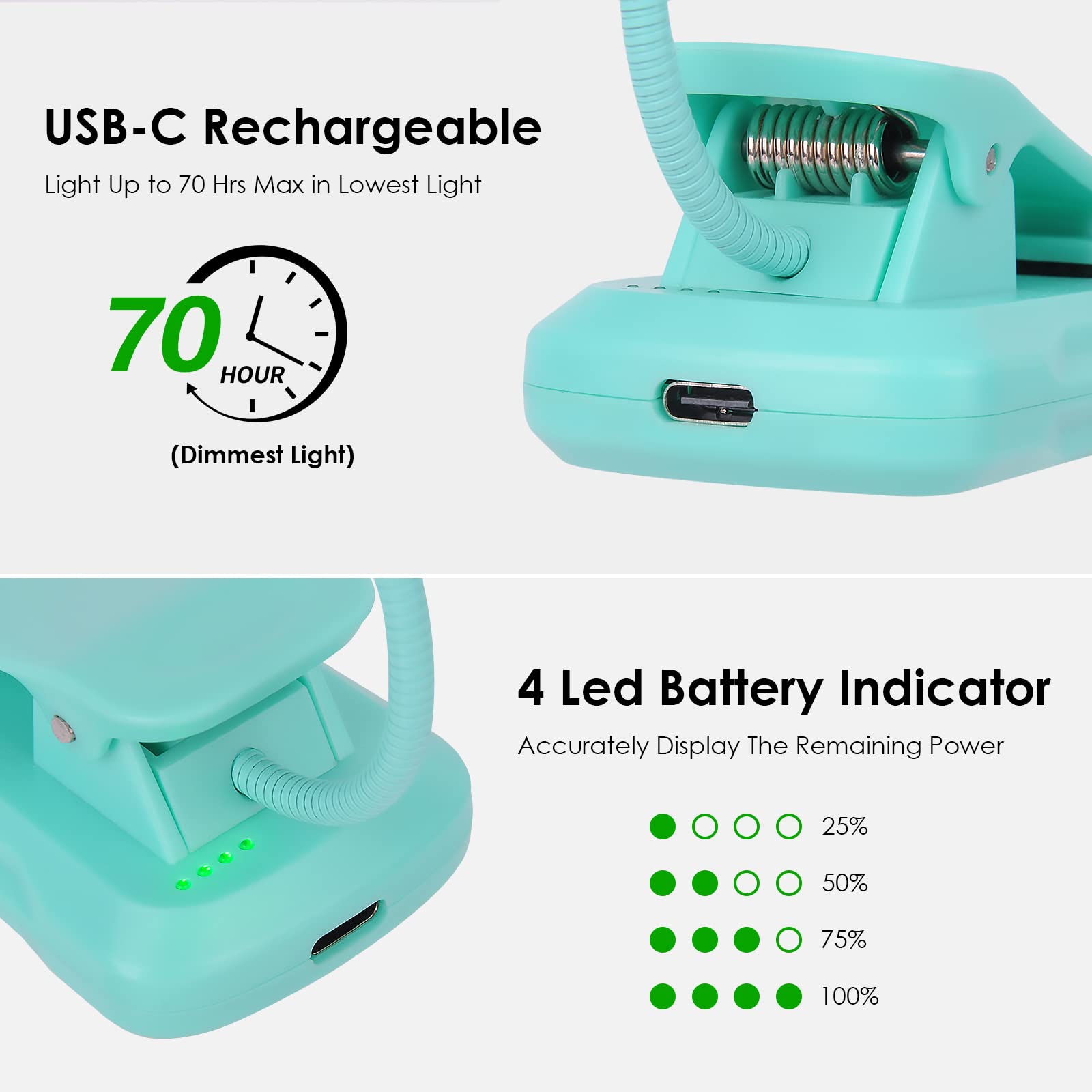 Rechargeable Clip On Book Light for Reading in Bed - 3 Colors & 3 Brightness Levels, Eye-Caring LED Reading Light with 70 Hours Battery Life - Perfect Christmas Birthday Gift for Book Lovers, Students & Night Readers