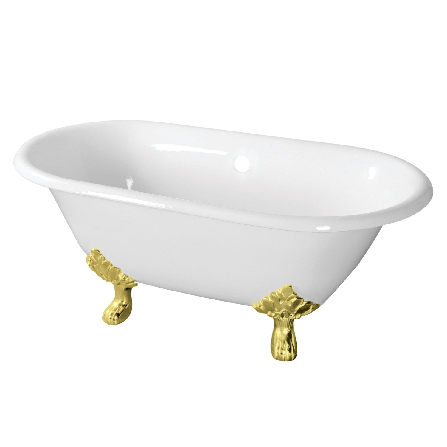 Aqua Eden 60 Inch White Cast Iron Clawfoot Bathtub - Oval Double Ended Freestanding Tub with Polished Brass Feet (No Faucet Drillings) | Vintage Bathroom Decor for Spa-Like Relaxation