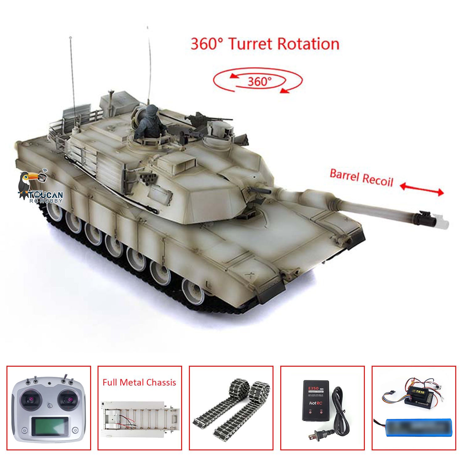 Heng Long 1/16 Scale RTR RC Tank - M1A2 Abrams Full Metal Painted Chassis with TK16 Mainboard, IR Battle System, Smoke & Sound Effects, 360° Rotating Turret - Perfect for Military Enthusiasts & RC Hobbyists (Model 3918)