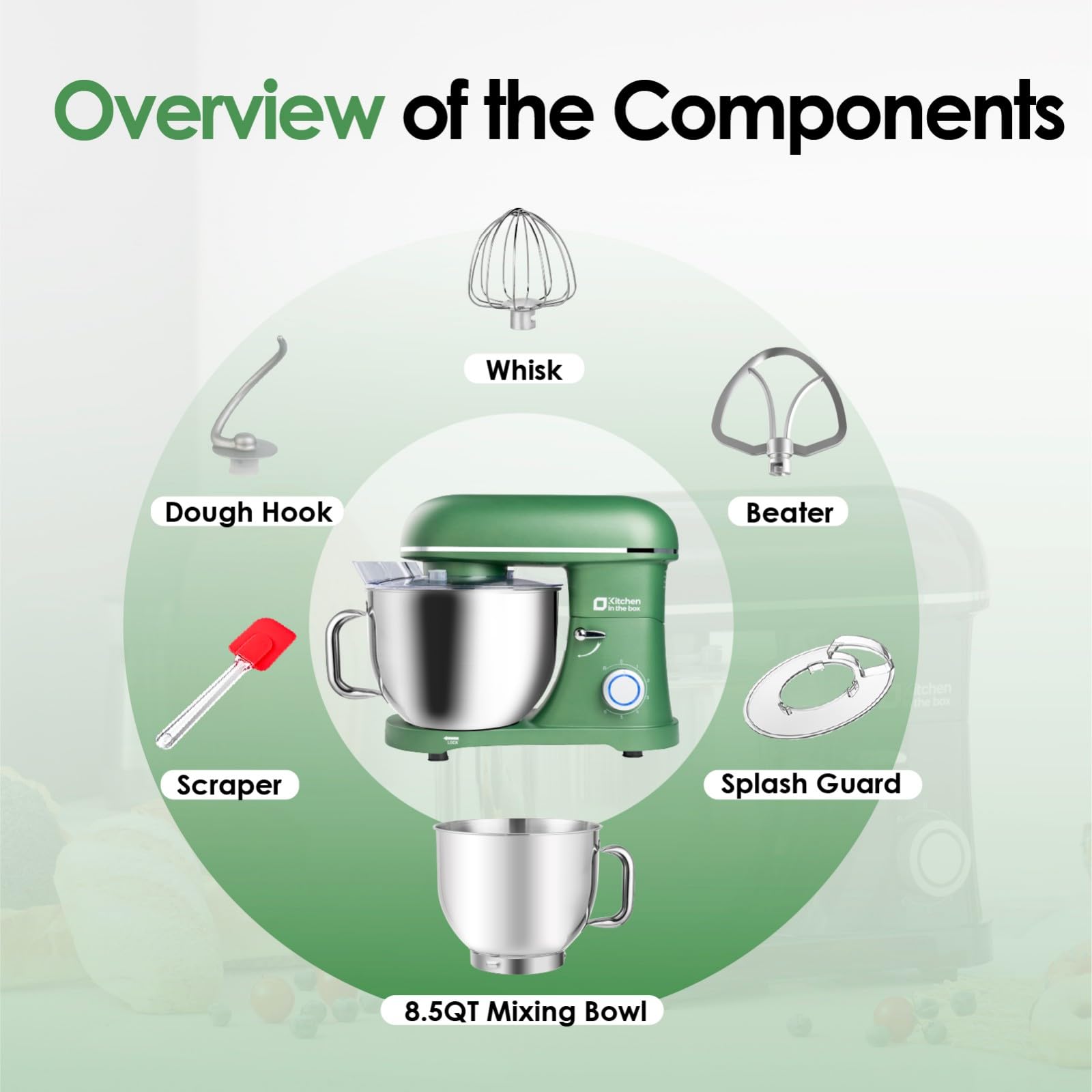 900W 8.5QT Stand Mixer - 6-Speed Electric Kitchen Mixer with Egg Whisk, Dough Hook & Flat Beater - Large Capacity Food Mixer for Baking, Cooking & Meal Prep - Perfect for Home Bakers & Chefs (Green)