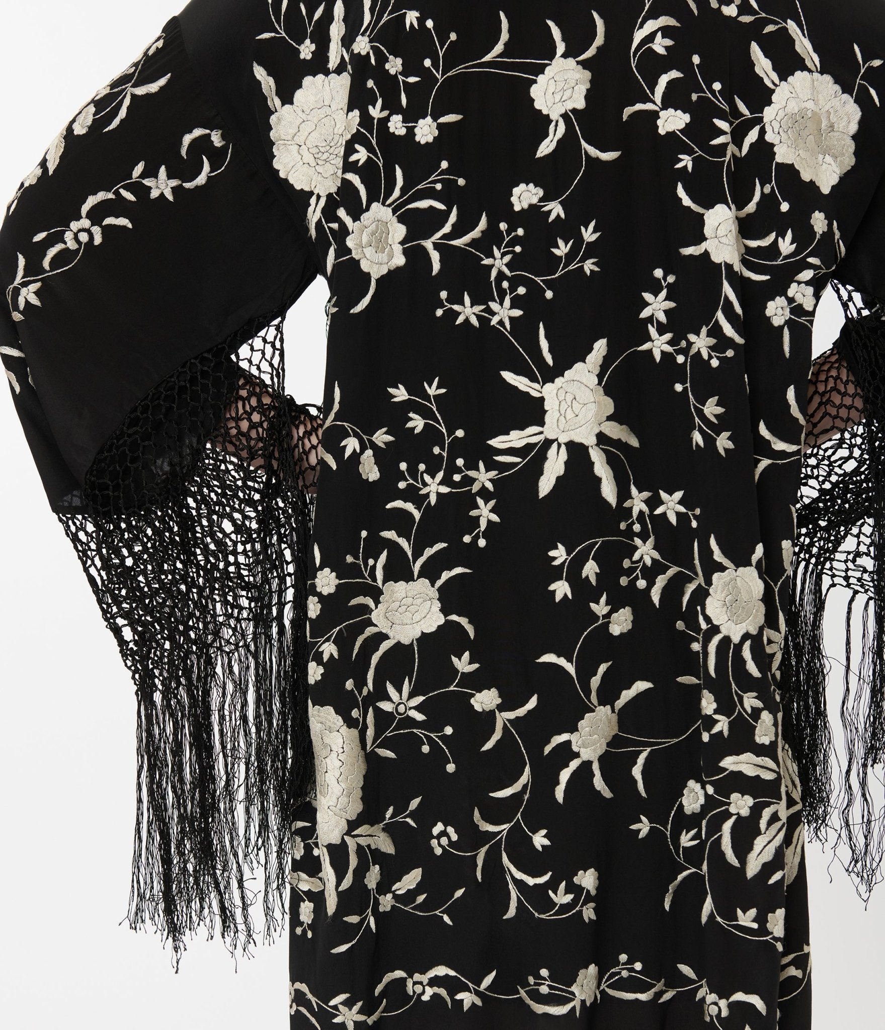 1920s Vintage Black Silk Scarf with Cream Floral Embroidery & Fringe - Elegant Shawl Wrap for Evening Dresses, Weddings & Gatsby-Themed Parties