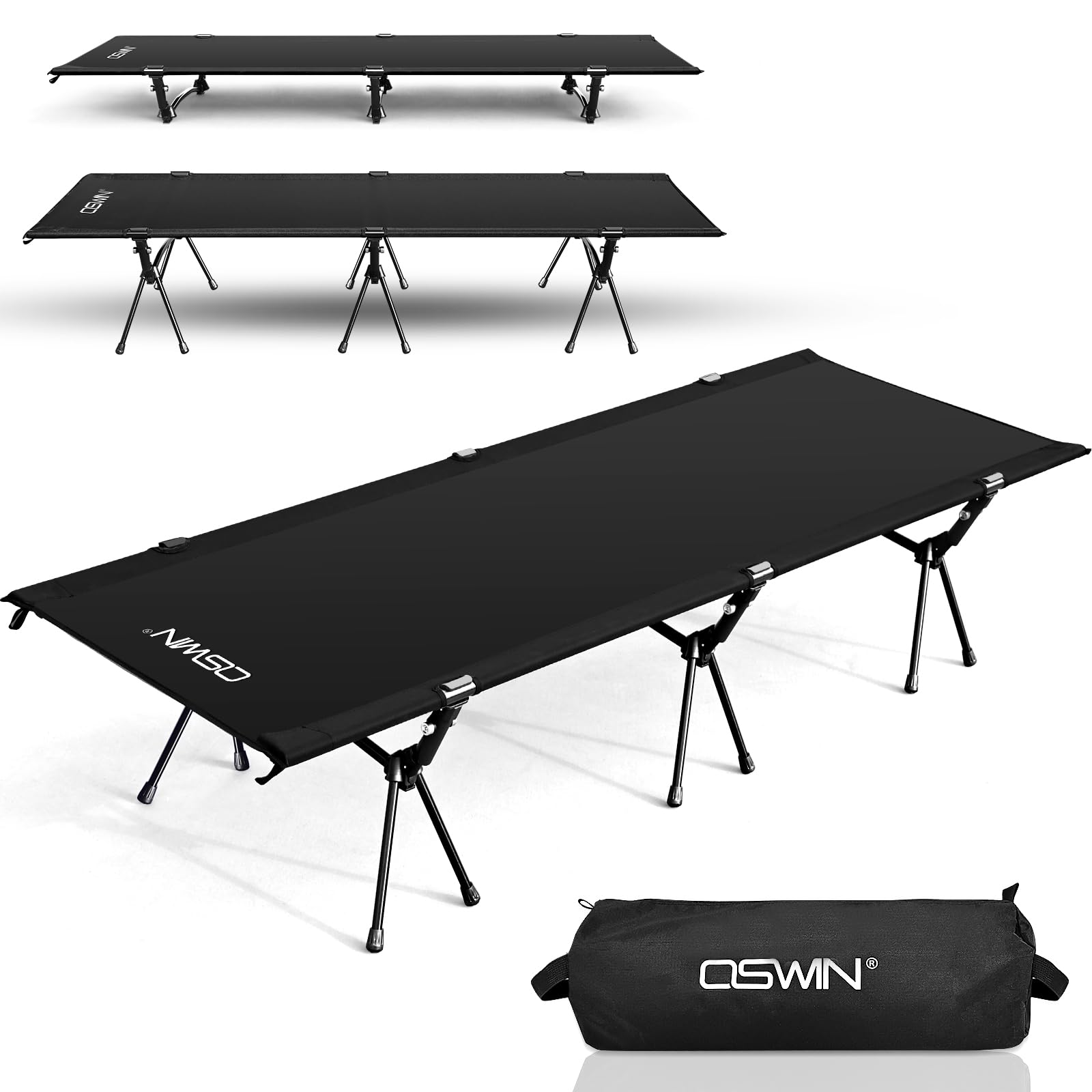 OSWIN Adult Backcountry Camping Cot with Leg Extension - Ultralight Folding Portable Bed for Outdoor, Hiking, RV & Beach - Supports 330lbs - Perfect for Camping, Backpacking & Travel (Black)