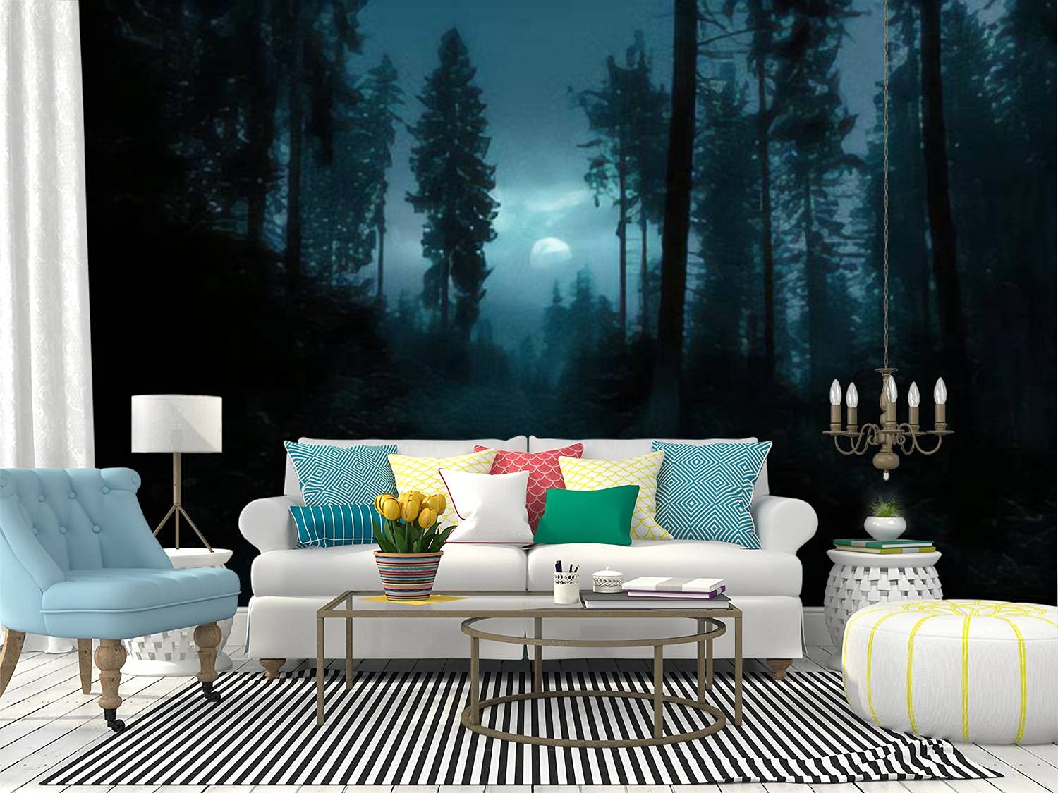 Dark Foggy Mysterious Forest Wall Mural with Full Moon - Peel and Stick Self-Adhesive Wallpaper - Large Removable Vinyl Wall Sticker for Halloween Decor, Home Theater Backdrop & Shelf Liner - Perfect for Bedroom, Living Room and Party Decoration