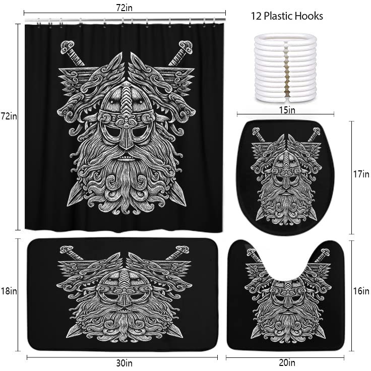 LOKMU 4-Piece Waterproof Shower Curtain Set with Non-Slip Bath Mat, Toilet Lid Cover & 12 Hooks - Norse God Odin Wolf & Sword Viking Bathroom Decor (72