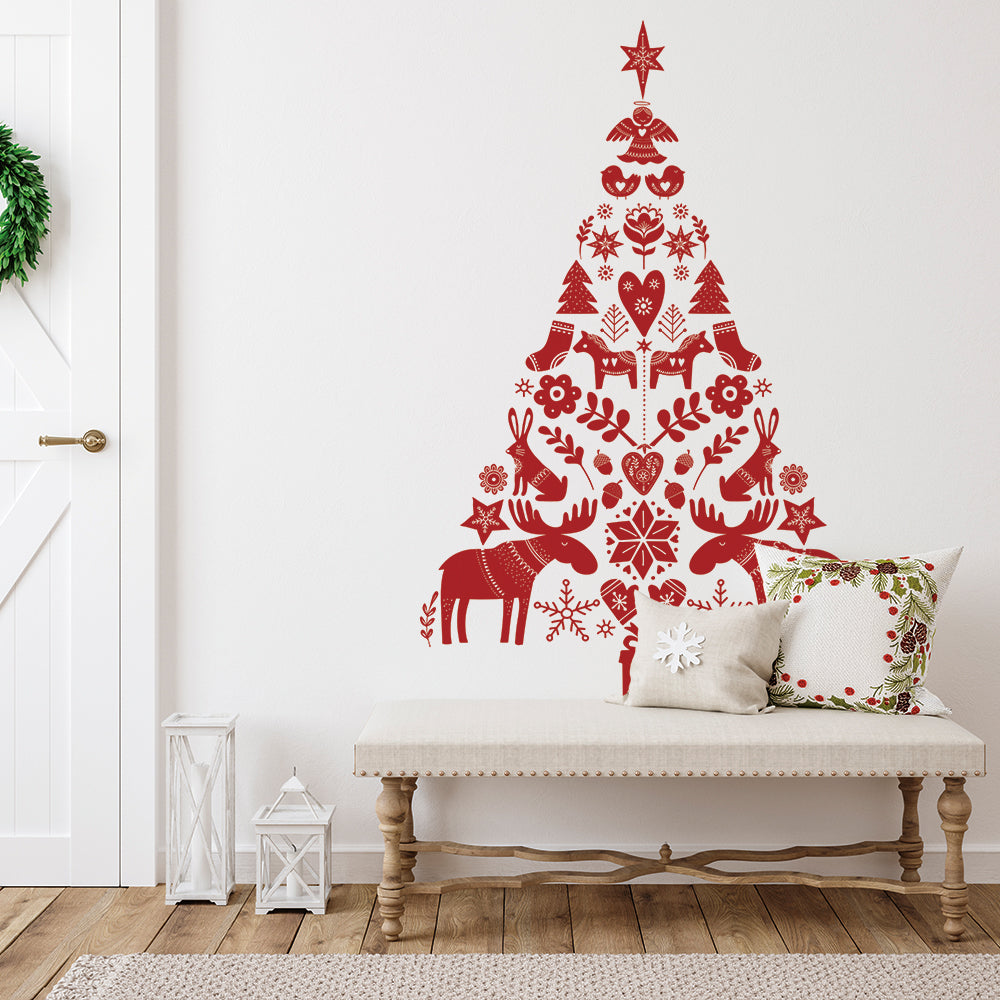 Scandinavian Holiday Removable Wall Decal - Nordic Christmas Tree Vinyl Sticker for Home Decor, Nursery, Office - Perfect for Seasonal Party, Gift Wrapping & Festive DIY Projects