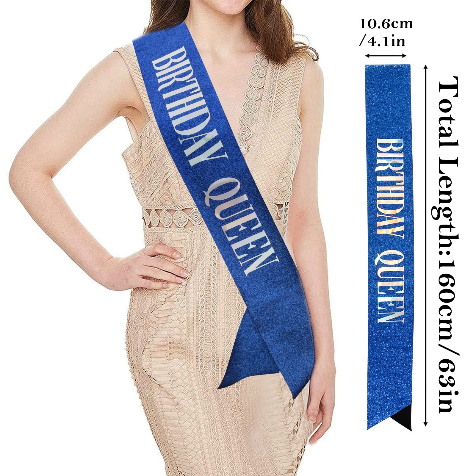 CIEHER Birthday Queen Sash & Crystal Crown Set for Women - Sparkling Rhinestone Tiara & Glitter Sash Kit for Birthday Parties, Bachelorette, Pageants & Special Events (Blue)