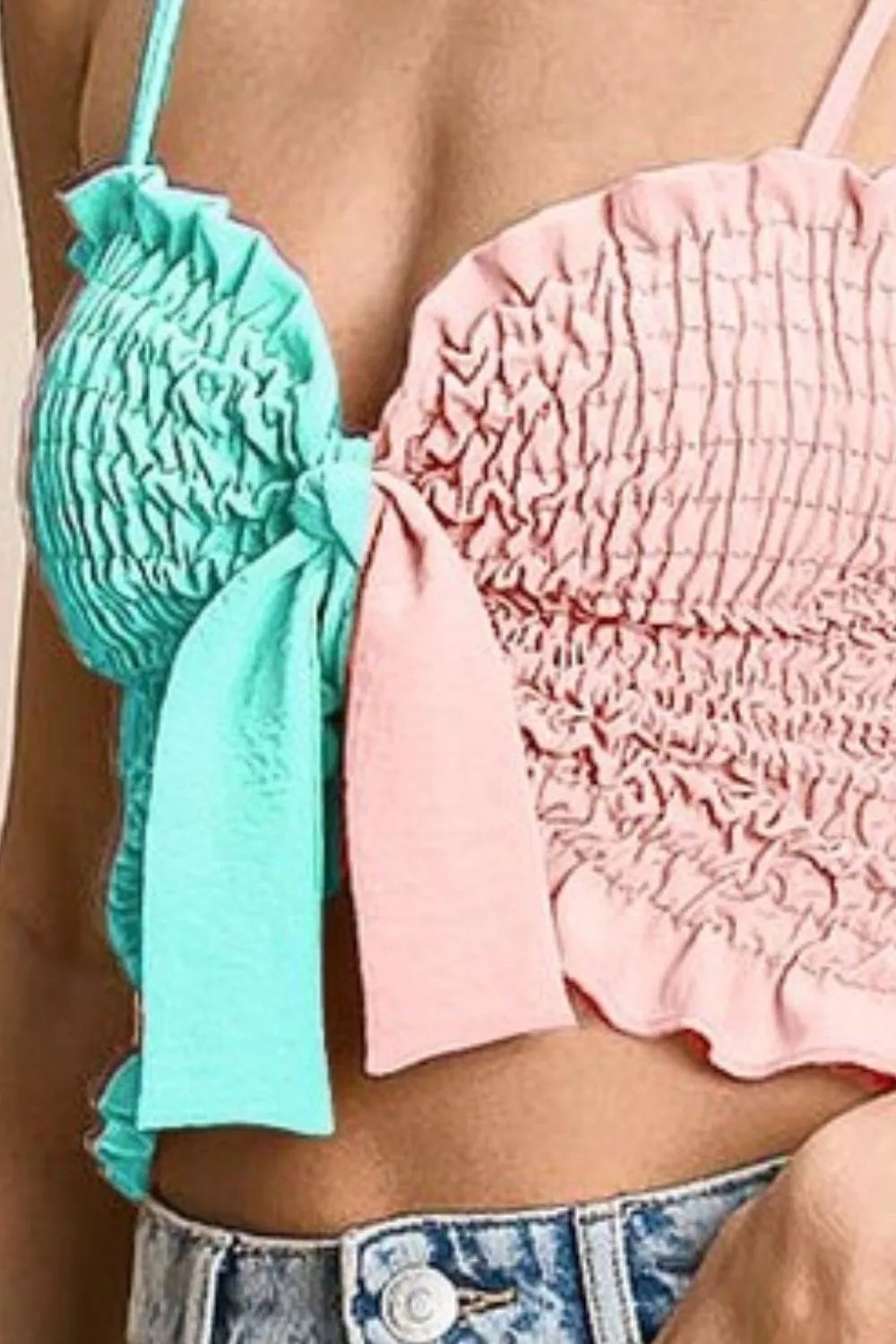BiBi Woven Color Block Smocked Ribbon Bra Top - Women's Fashion Bralette for Summer, Beach, and Casual Outfits