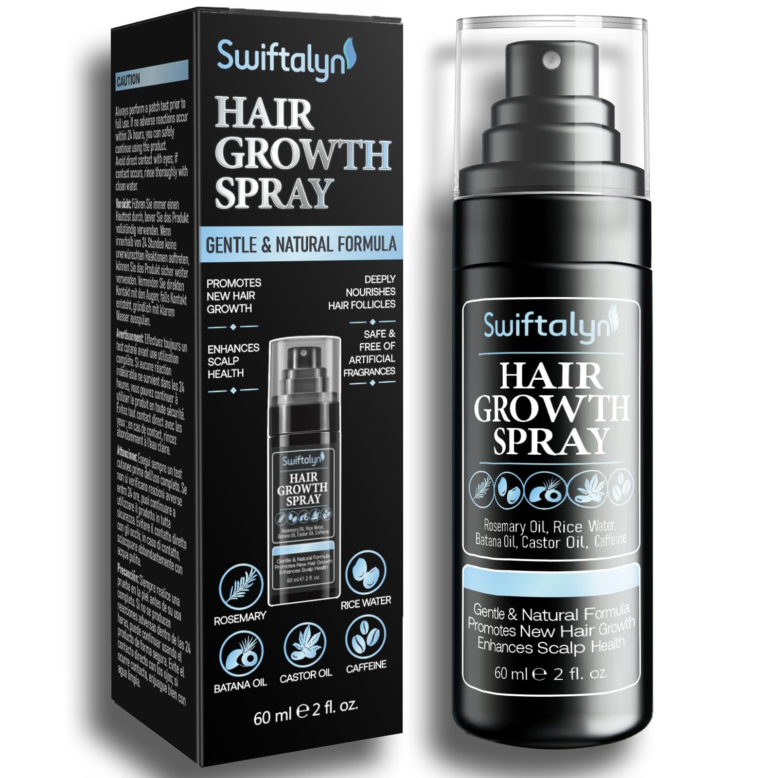 Natural Hair Growth Spray for Men - Rosemary, Batana Oil, Rice Water & Biotin Serum | Scalp Treatment with Castor Oil & Caffeine | Hair Thickening & Hair Loss Solution (60ml) | Perfect for Daily Use & Styling Routine