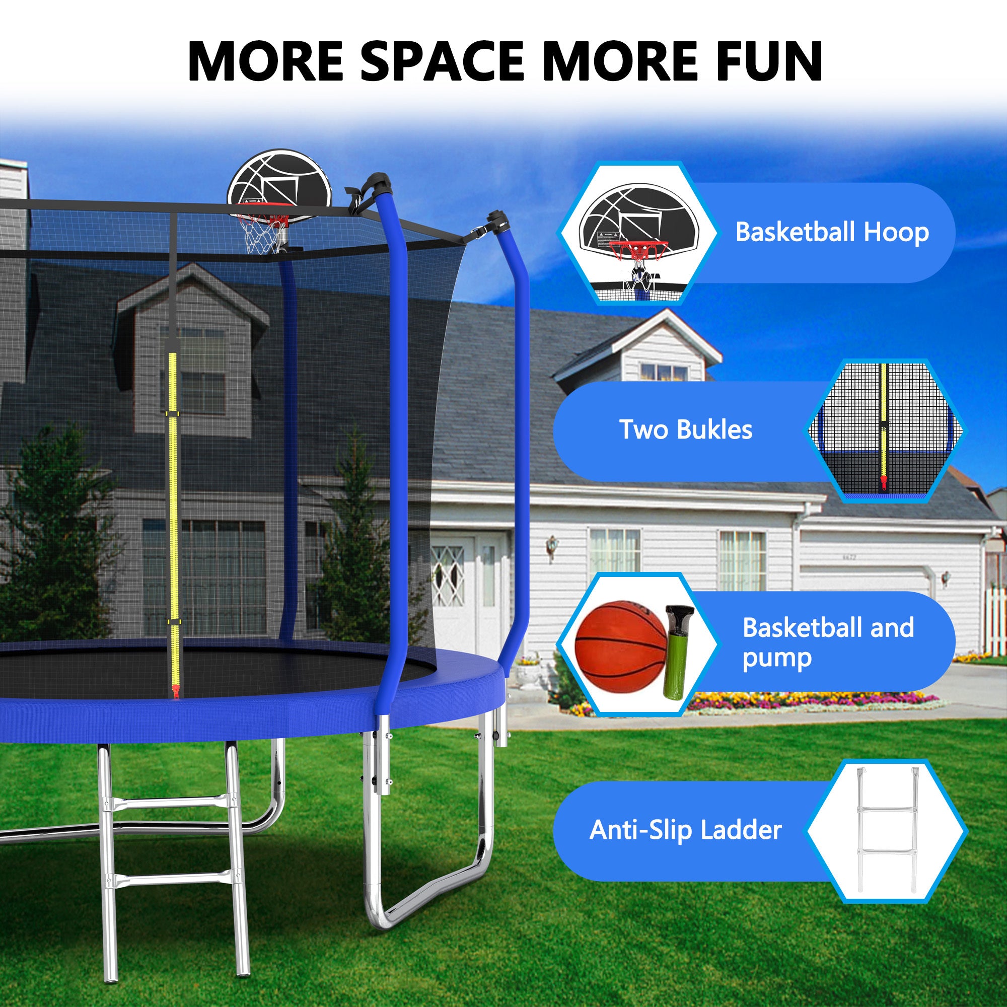 10FT Trampoline with Basketball Hoop - ASTM Approved Heavy-Duty Outdoor Trampoline with Safety Enclosure Net - Perfect for Backyard Fun, Kids Play & Family Fitness Activities