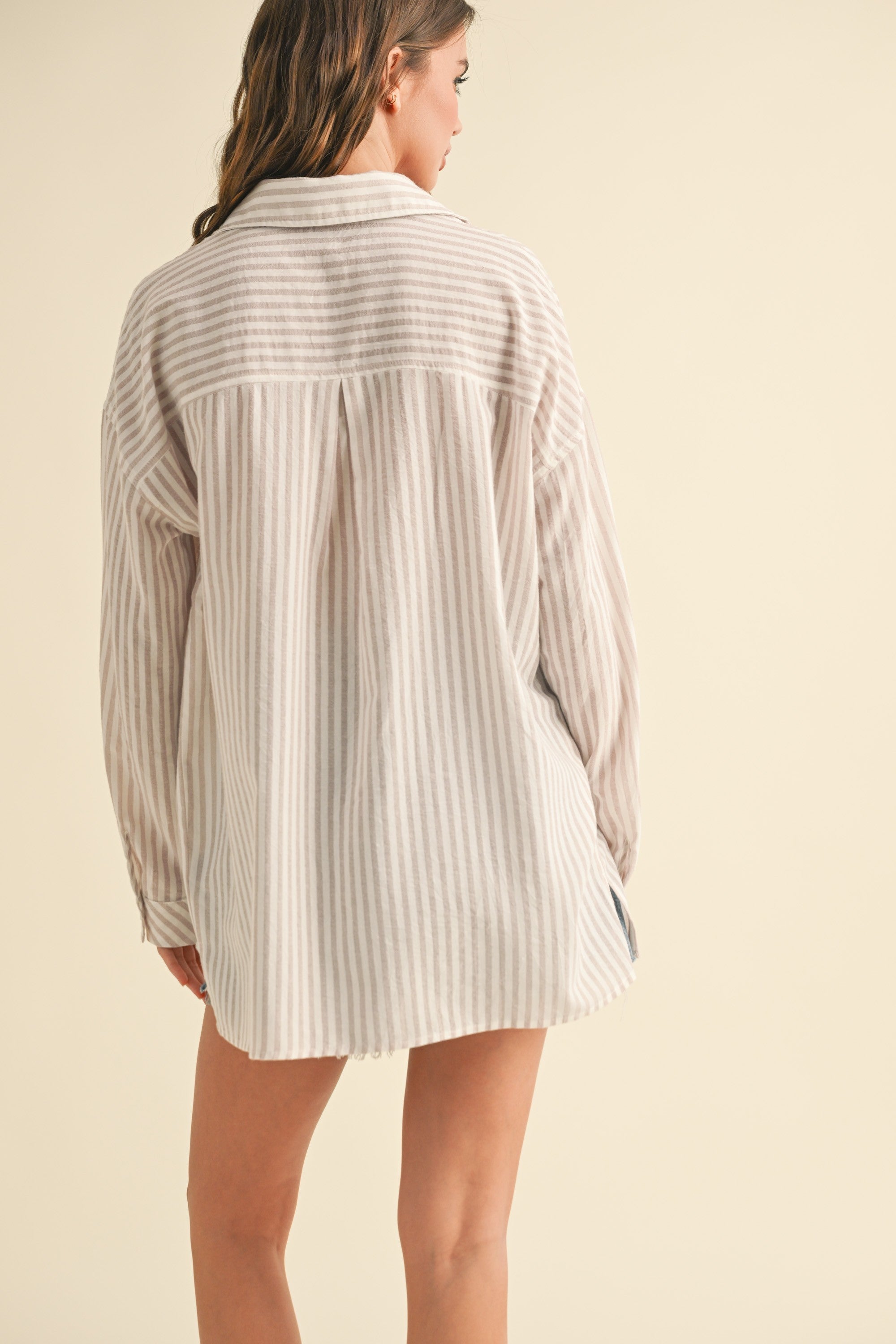Stylish Beige Striped Double Pocket Button Down Shirt for Women | Casual Office Wear & Everyday Outfits