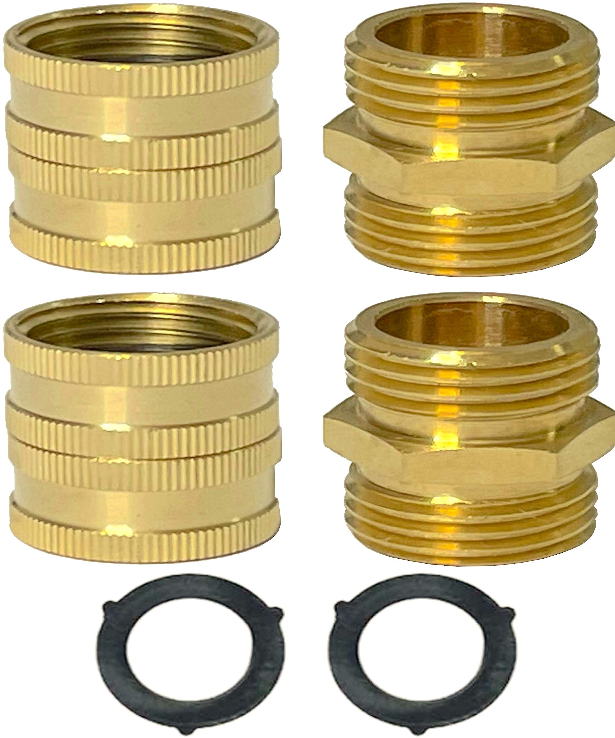 Premium 3/4 Inch Brass Garden Hose Adapter Set - 4-Pack Male to Male & Female to Female Connectors with 2 Extra Washers - Heavy Duty Water Hose Fittings for Lawn Irrigation, Car Washing & Outdoor Cleaning