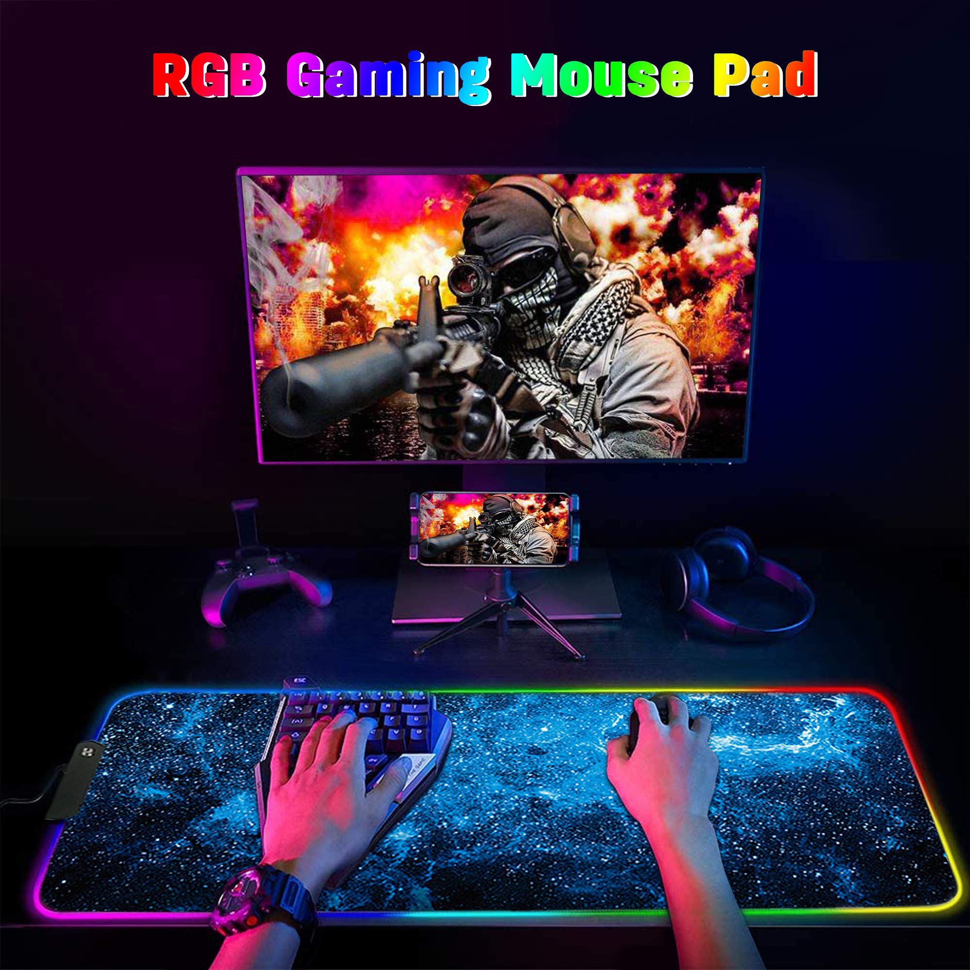 DORRISO RGB Large Gaming Mouse Pad 800x300x3mm, Waterproof Non-Slip Desk Mat for PC Computer - Professional Gamer Mousepad (Blue) - Perfect for Gaming, Office Work & Home Use