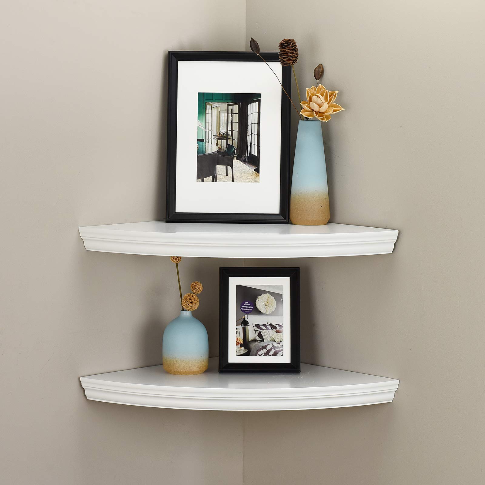 WELLAND Modern Wall Mounted Corner Shelves - Set of 2 White Floating Shelves for Bedroom, Office & Home Decor | Space-Saving Corner Display Shelf for Books, Plants & Decorative Accents