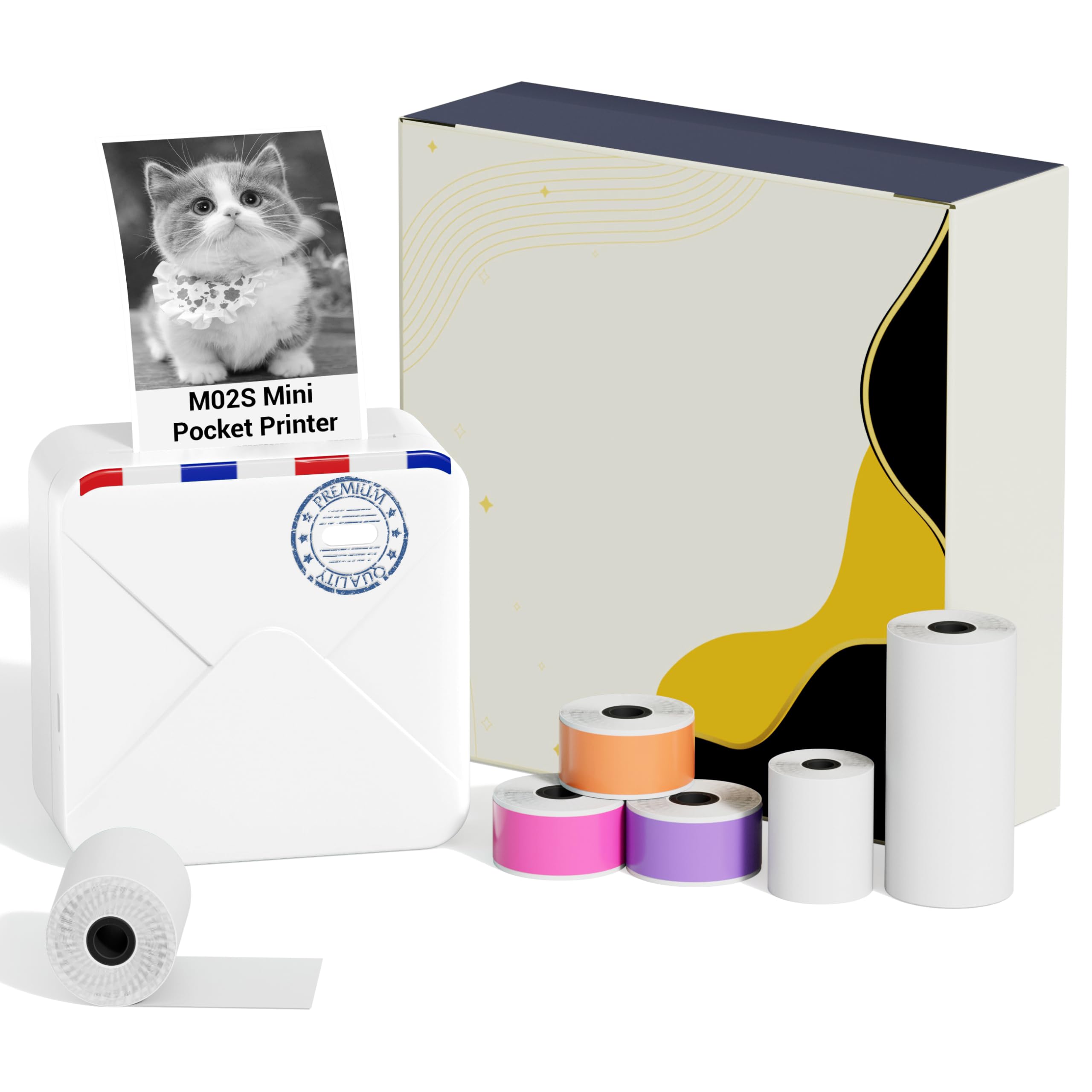 Mini Inkless Sticker Thermal Printer - M02S Bluetooth Wireless Label Maker for Photos, Notes, Journals, DIY Projects & Work Lists - Includes 53mm, 25mm & 15mm Thermal Paper (White) - Perfect for Home Office, School, Crafting & Organization