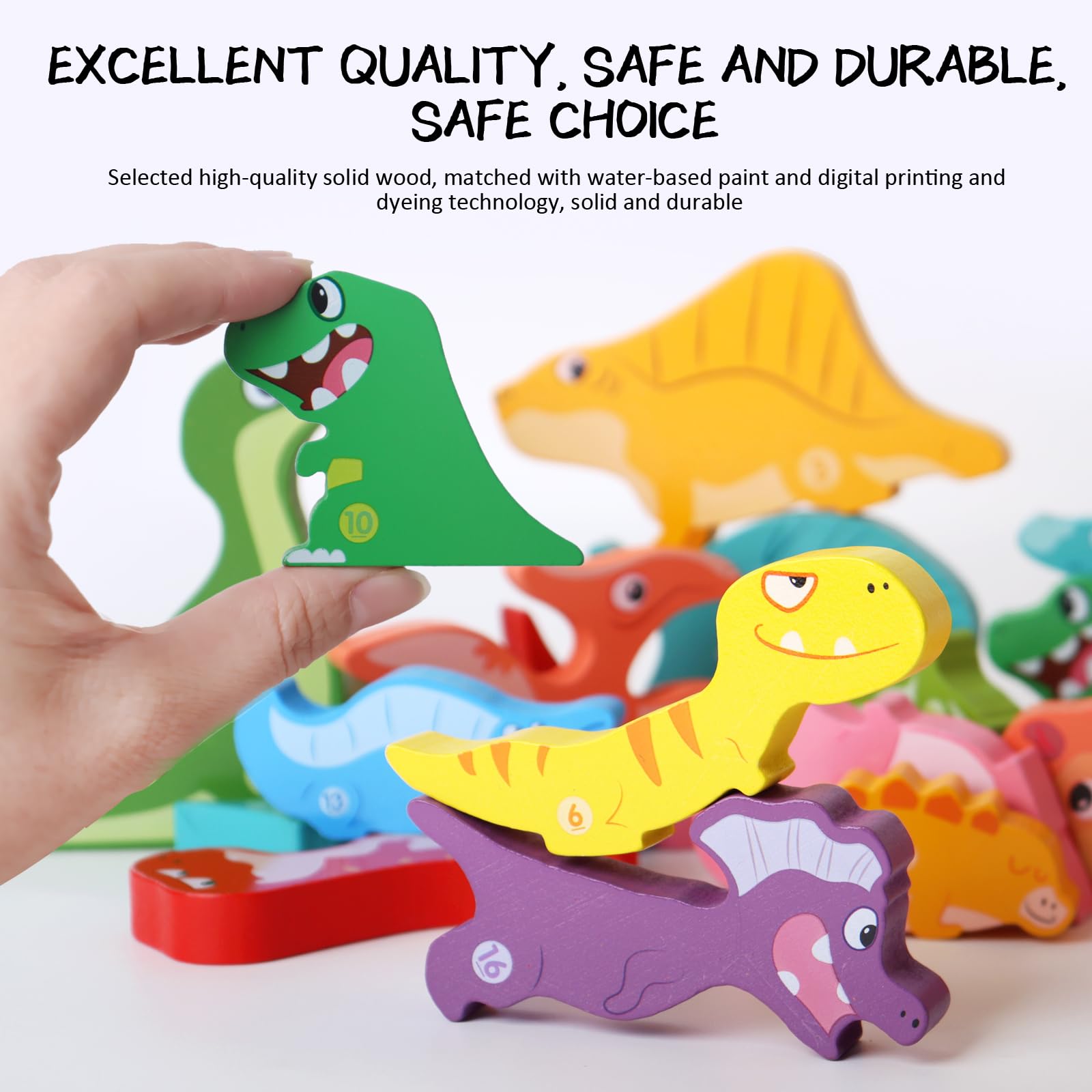 Dinosaur Wooden Stacking Blocks - Montessori Toys for Kids Ages 1-5 | Balance Competition Game & Educational STEM Learning Toy | Perfect Birthday Gift for Boys & Girls | Great for Preschool Playtime & Early Childhood Development
