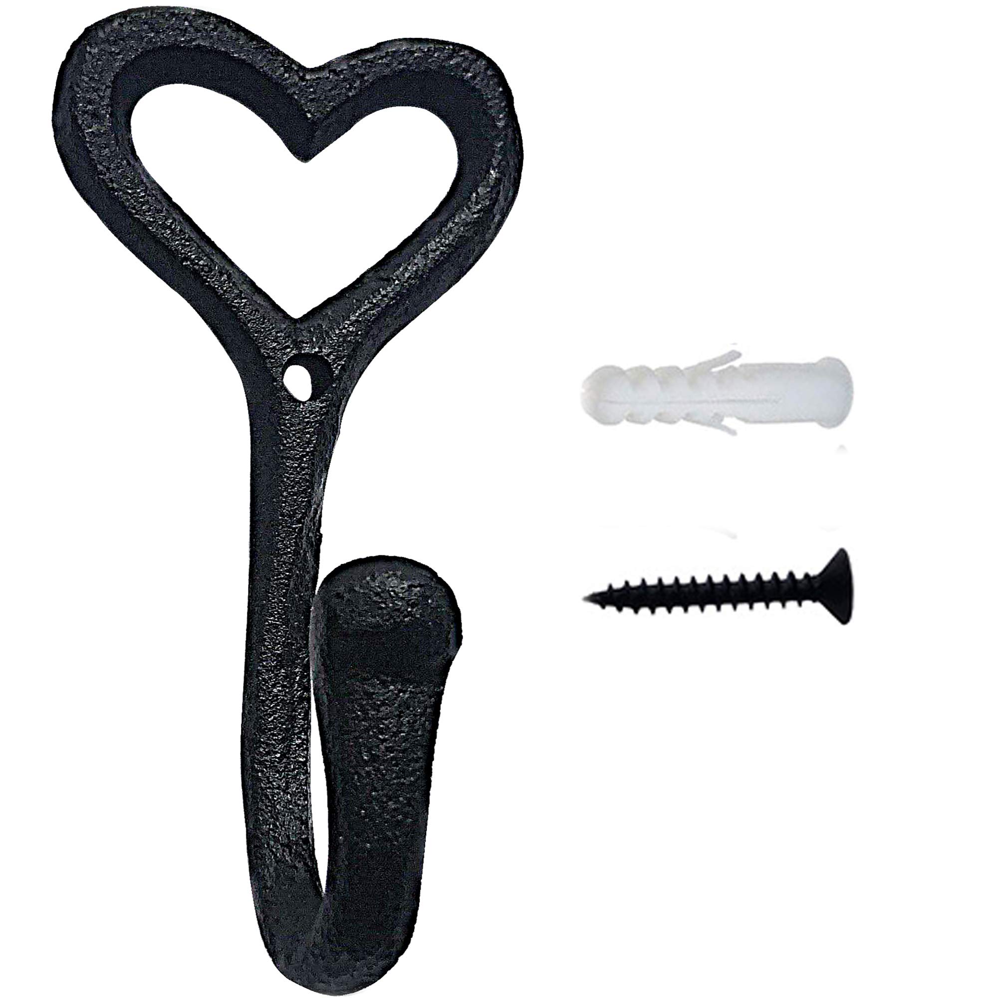 Heavy Duty Cast Iron Wall Hooks - 4 Pack Heart Shaped Coat Hangers for Jackets, Bags, Hats & Keys | Rustproof Black Hooks for Home, Office & Entryway Organization