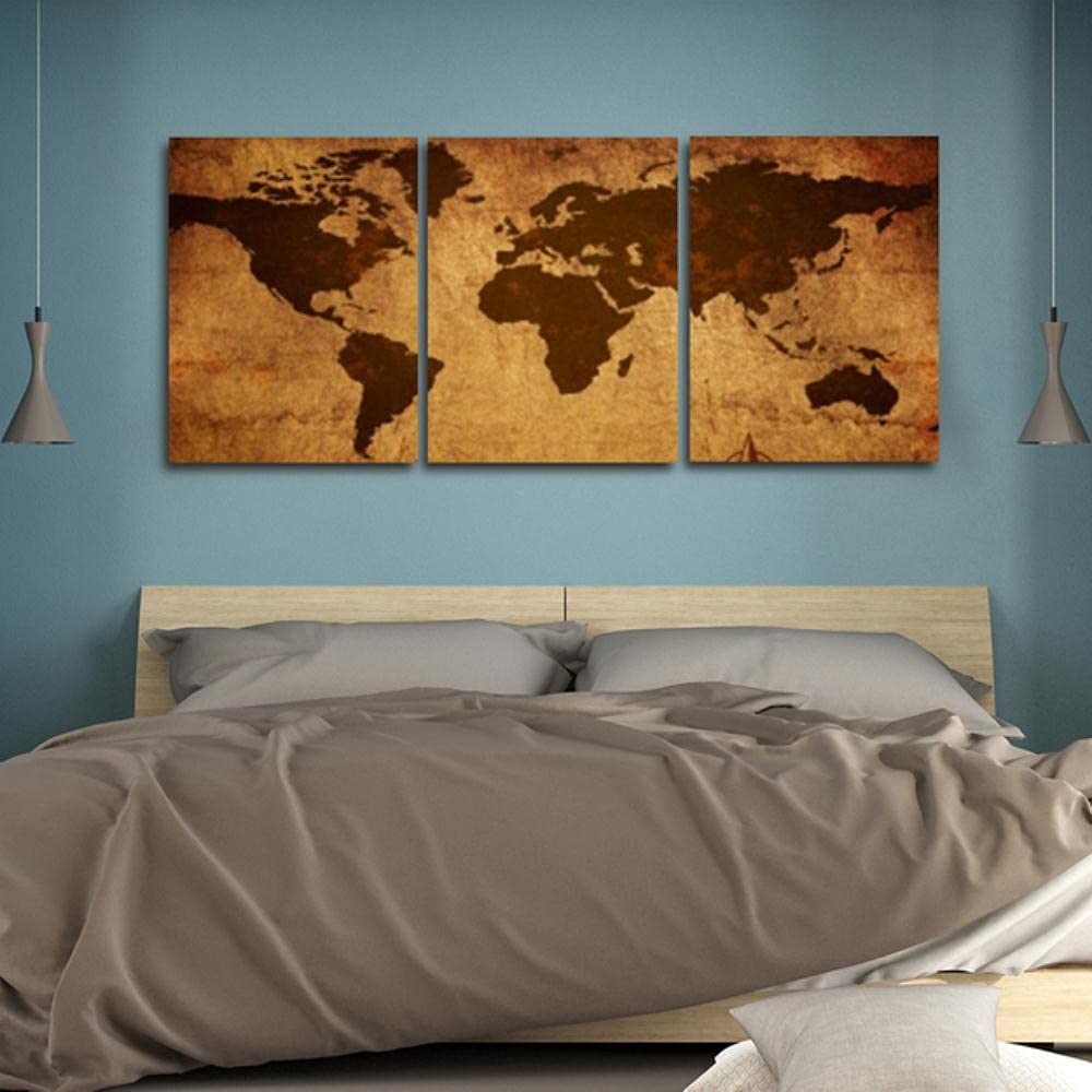 WKqifeil 3-Panel World Map Canvas Wall Art - Beige Vintage Travel Map Print - Frameless Home Decor (16x24 Inch x 3) - Perfect for Living Room, Office & Travel Themed Spaces