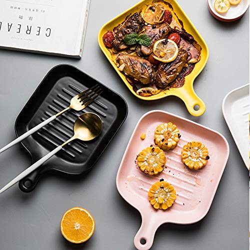 6 Inch Matte Ceramic Baking Dish with Handle - Round & Square Oven Safe Serving Plates for Steak, Pasta, Salad | Microwave & Dishwasher Safe | Perfect for Dinner Parties, Holiday Meals & Family Gatherings (Square, Pink)