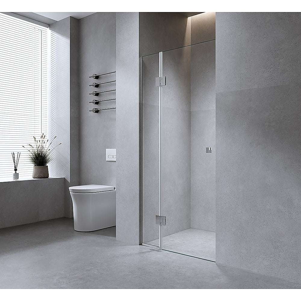 120cm Frameless Shower Screen - Black Channel & Brass Hinges - Square Double Pull Handle - Wall to Wall Bathroom Glass Enclosure for Modern Home Decor