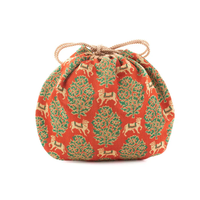 Handmade Kyoto Nishijin Ori Small Drawstring Pouch - Bull & Red Design - Authentic Japanese Traditional Craft Purse for Coins, Jewelry & Gifts