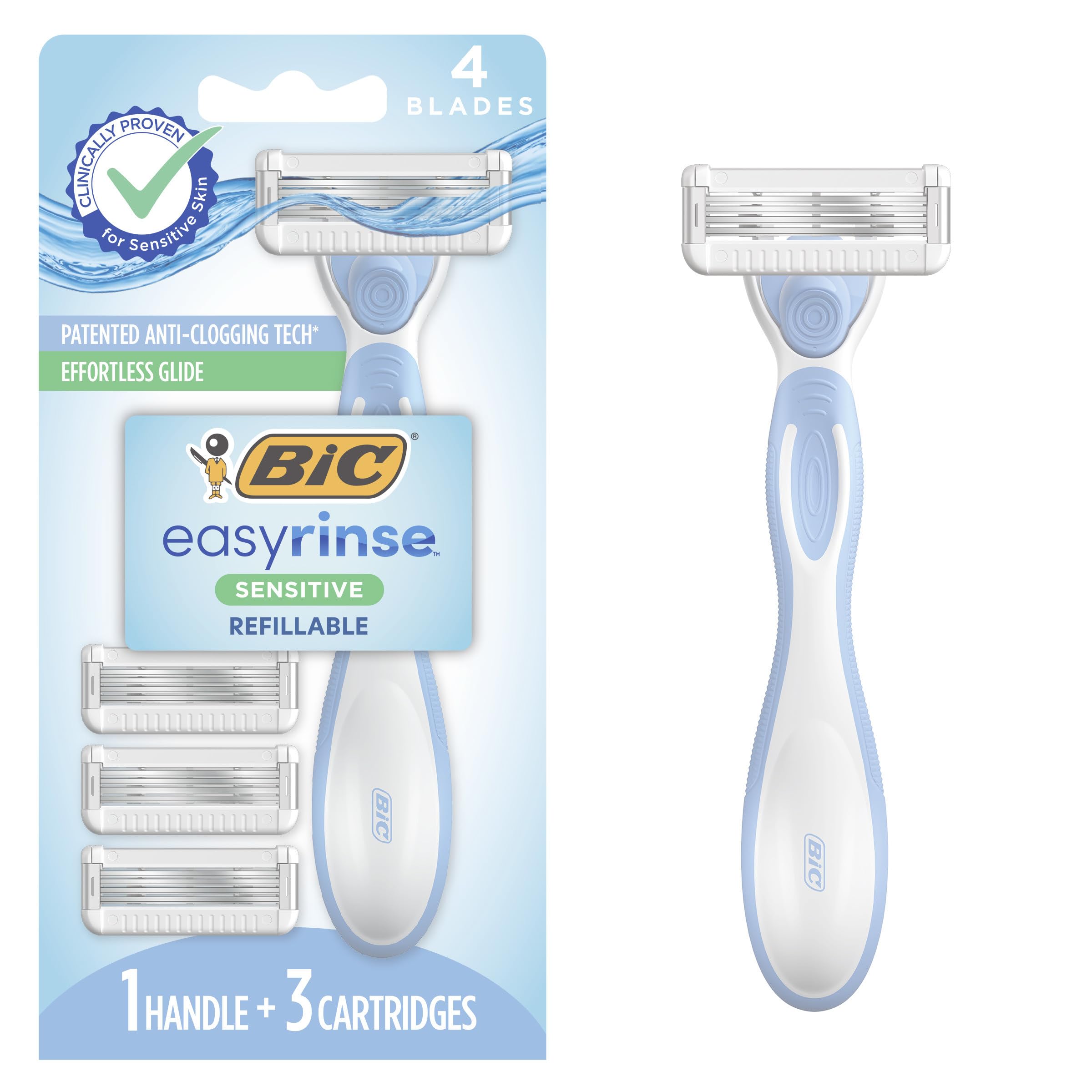 BIC EasyRinse Sensitive Anti-Clog Women's Razor Kit - 4 Blade Refillable Shaver with 1 Handle & 3 Cartridges - Smooth Shaving for Sensitive Skin (Great for Travel, Gym & Everyday Use)