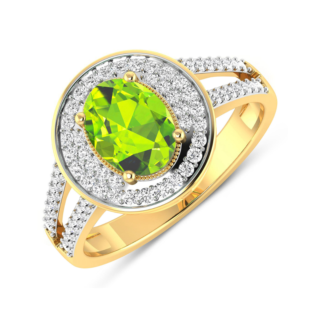 Genuine White Diamond & Peridot Halo Ring - 14K Gold Engagement Ring for Women, Elegant Wedding & Anniversary Jewelry Gift