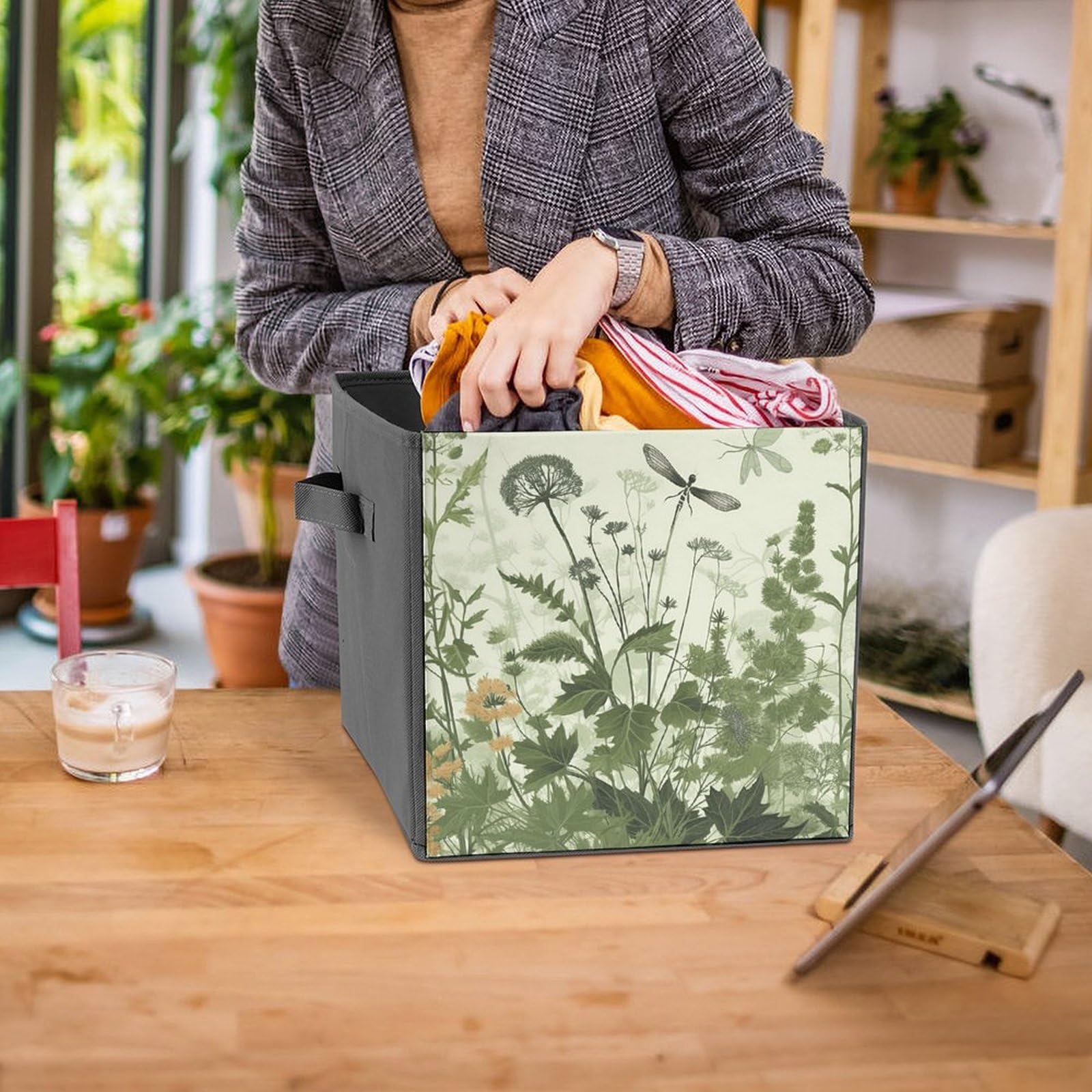 Foldable Canvas Storage Box with Herb & Dragonfly Wings Print - Organize Clothes, Toys & Home Decor - Perfect for Bedroom, Closet & Nursery Organization
