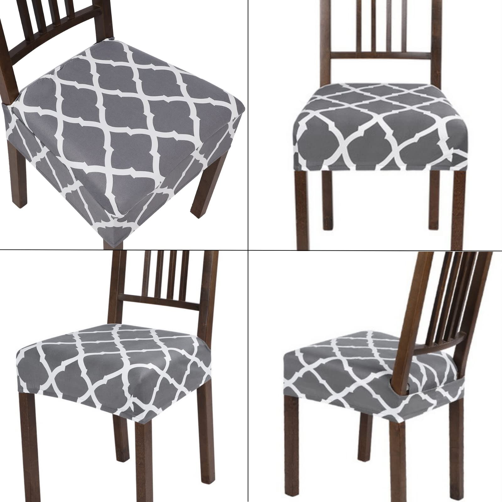Stretch Dining Chair Seat Covers Set of 4 - Soft Removable Washable Chair Slipcovers for Kitchen & Dining Room - Universal Fit Protector (Rear-Covered, Grey) - Perfect for Home, Office, Restaurant & Party Decor