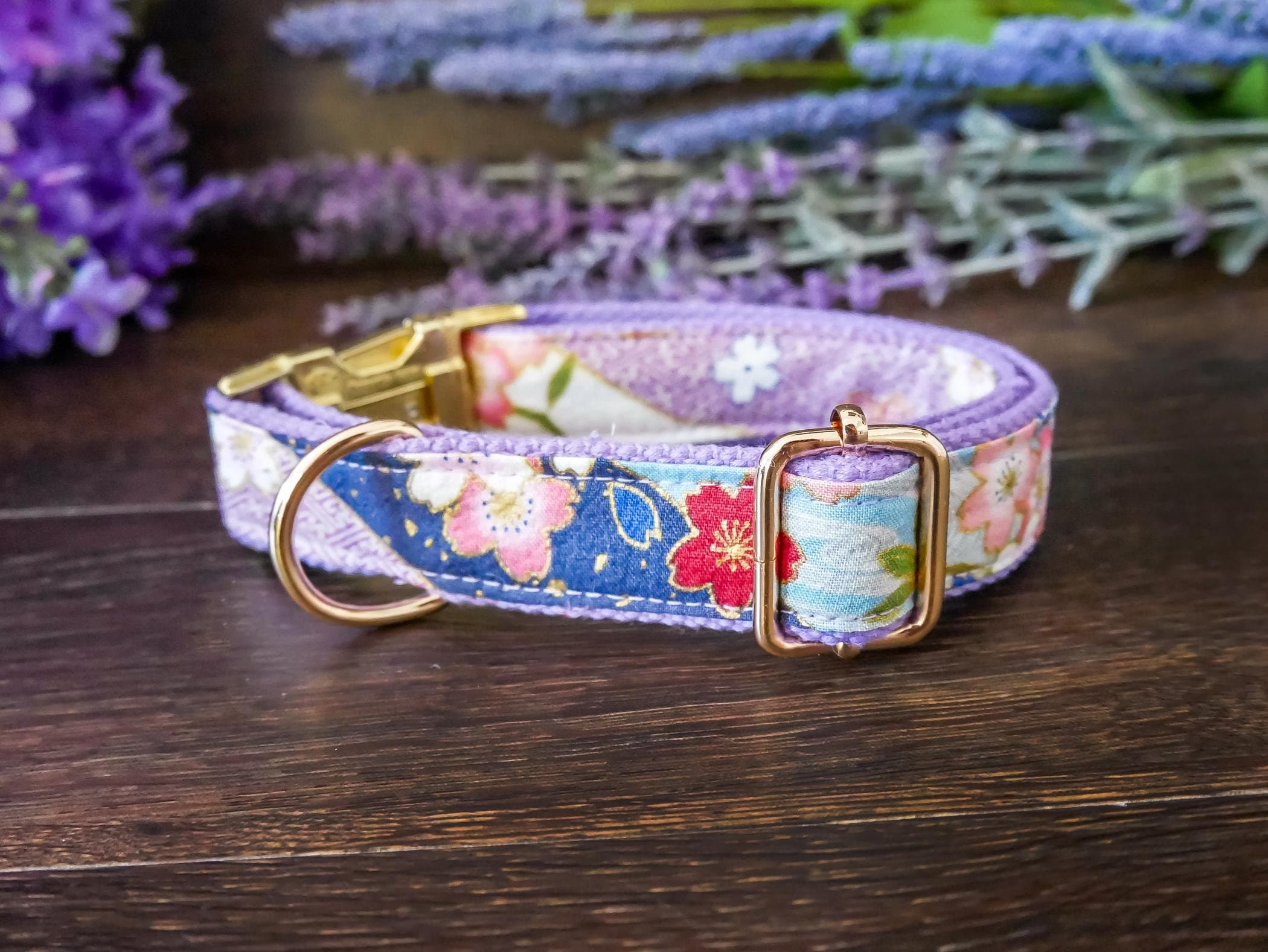 Personalized Engraved Dog Collar with Japanese Kimono Design - Purple Sakura Cherry Blossom Pattern for Small Medium Large Dogs | Perfect for Walks, Training, and Special Occasions